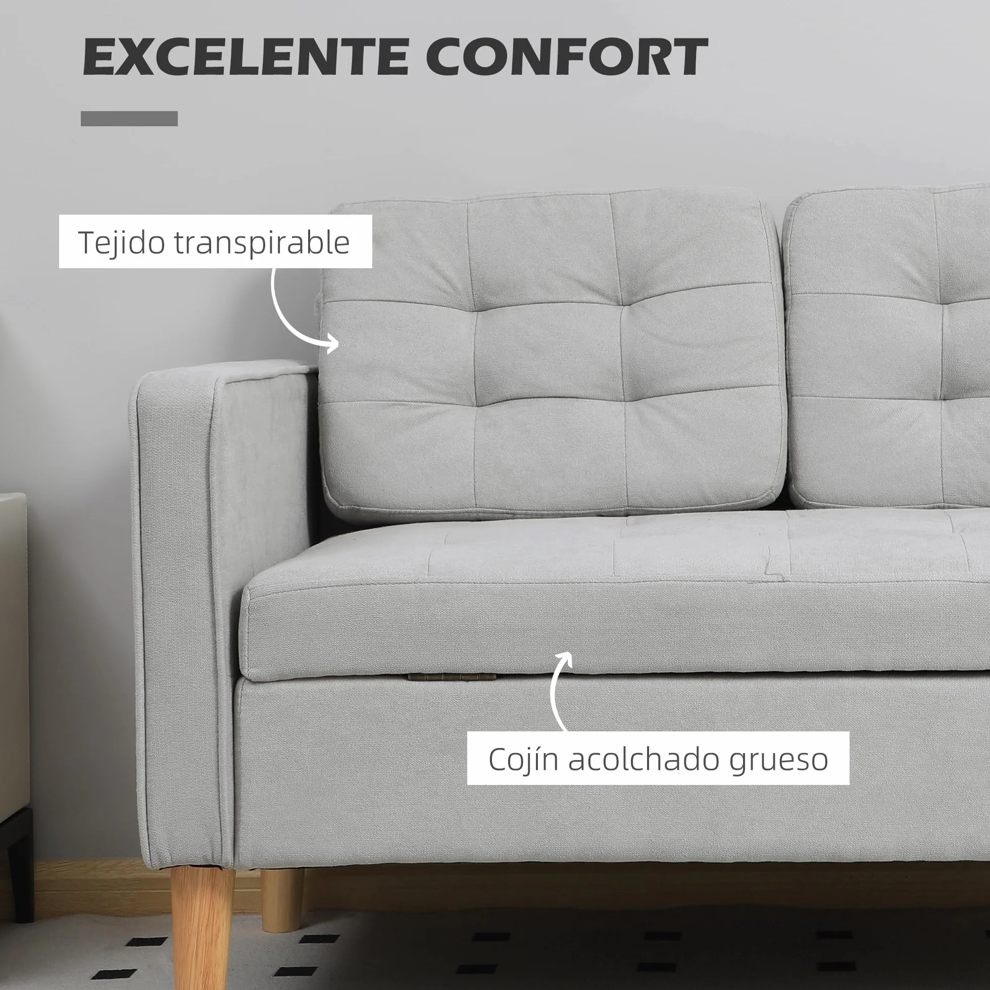 HOMCOM Sofá de 2 Plazas con Espacio de Almacenamiento, Sofá Moderno de Terciopelo con Patas de Madera, Respaldo Capitoné, para Salón, Dormitorio, Oficina, 117x62x78 cm, Gris Claro