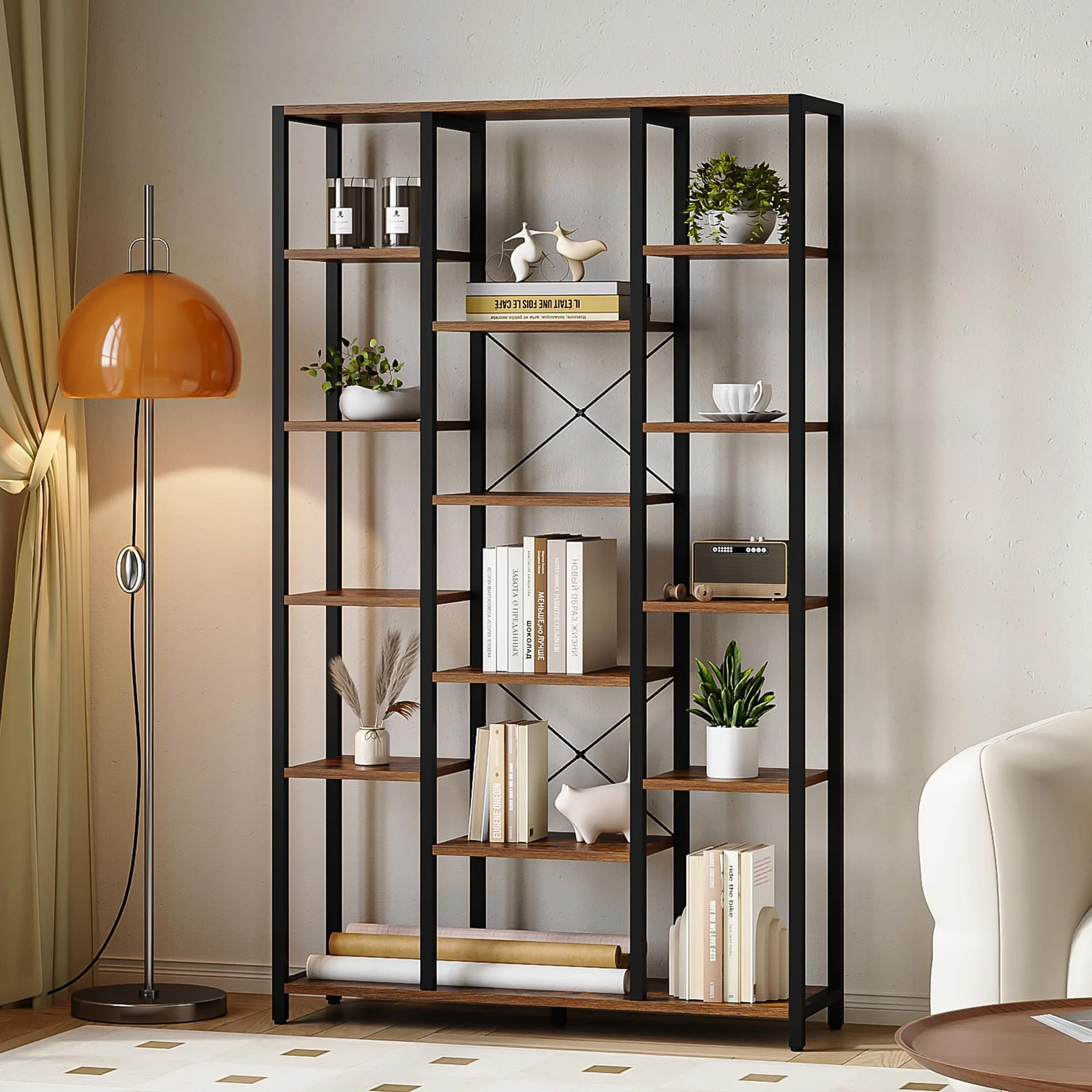 Hzuaneri Librería con 15 Estantes, Estanteria Libros, para Sala de Estar, Estudio, Oficina, 30 x 100 x 170 cm, Marrón Rústico y Negro BC15001B
