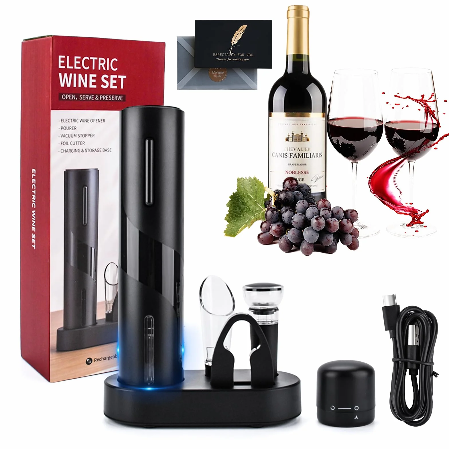 Sacacorchos Eléctrico 7 en 1 Abridor de Vino con Abrebotellas y Cortador de Láminas
