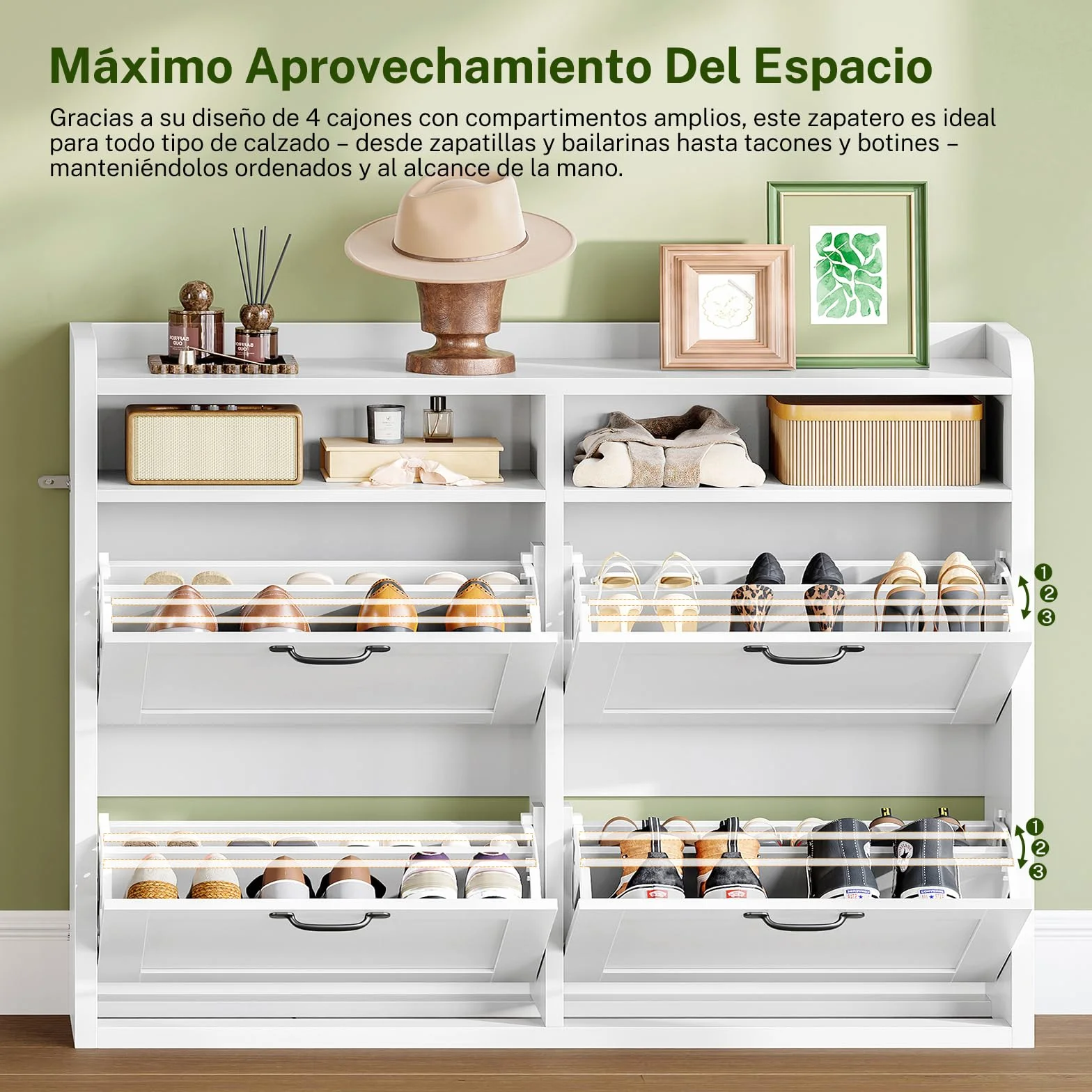TEENFON Mueble Zapatero Recibidor Estrecho–105cm de Ancho, Armario Zapatero con 4 Solapas y 2Compartimentos Abiertos, Estantes Ajustables, para16–24Pares de Zapatos, Apto para Pasillo,Recibidor,Blanco
