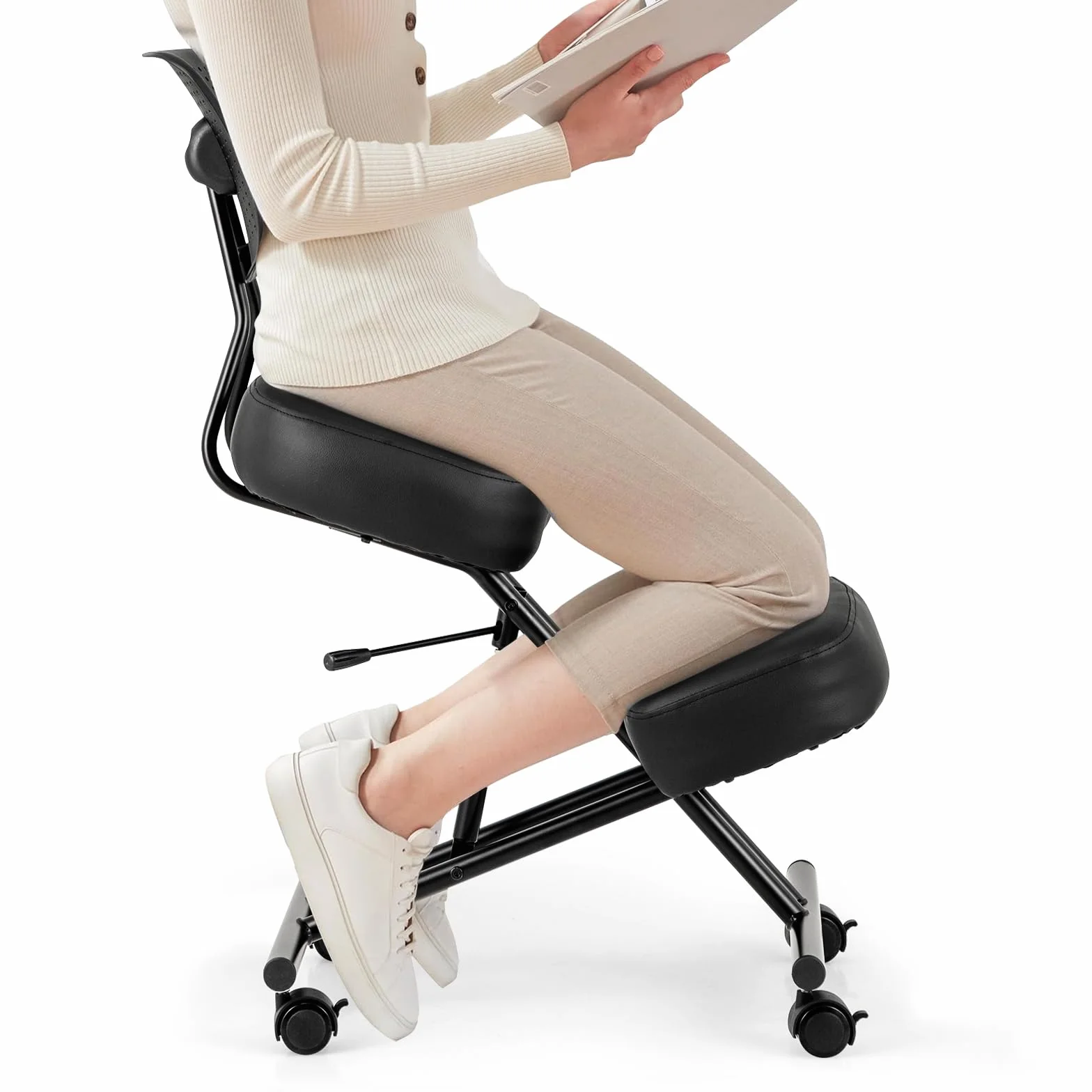 COSTWAY Silla Ergonómica Rodillas con Respaldo, Ajustable en Altura, Taburete Corrector de Postura con Asiento Inclinado, Silla Oficina con Ruedas Universales Bloqueables, 64,5-84,5 x 46 x 87-103 cm