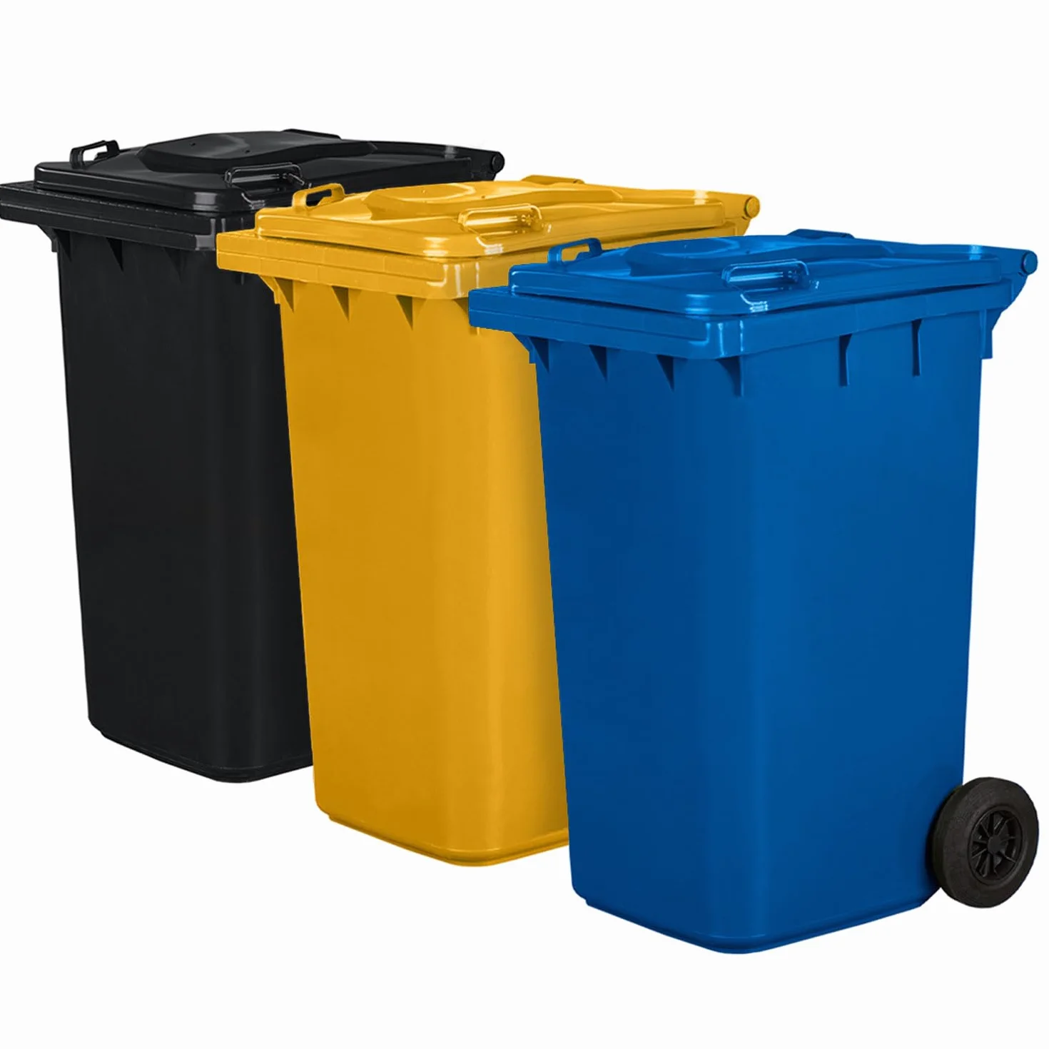 Juego de 3 cubos de basura para basura PN-EN 840, de 240 litros, con ruedas, sistema de enganche para extracción mecánica, de plástico, negro, amarillo, azul
