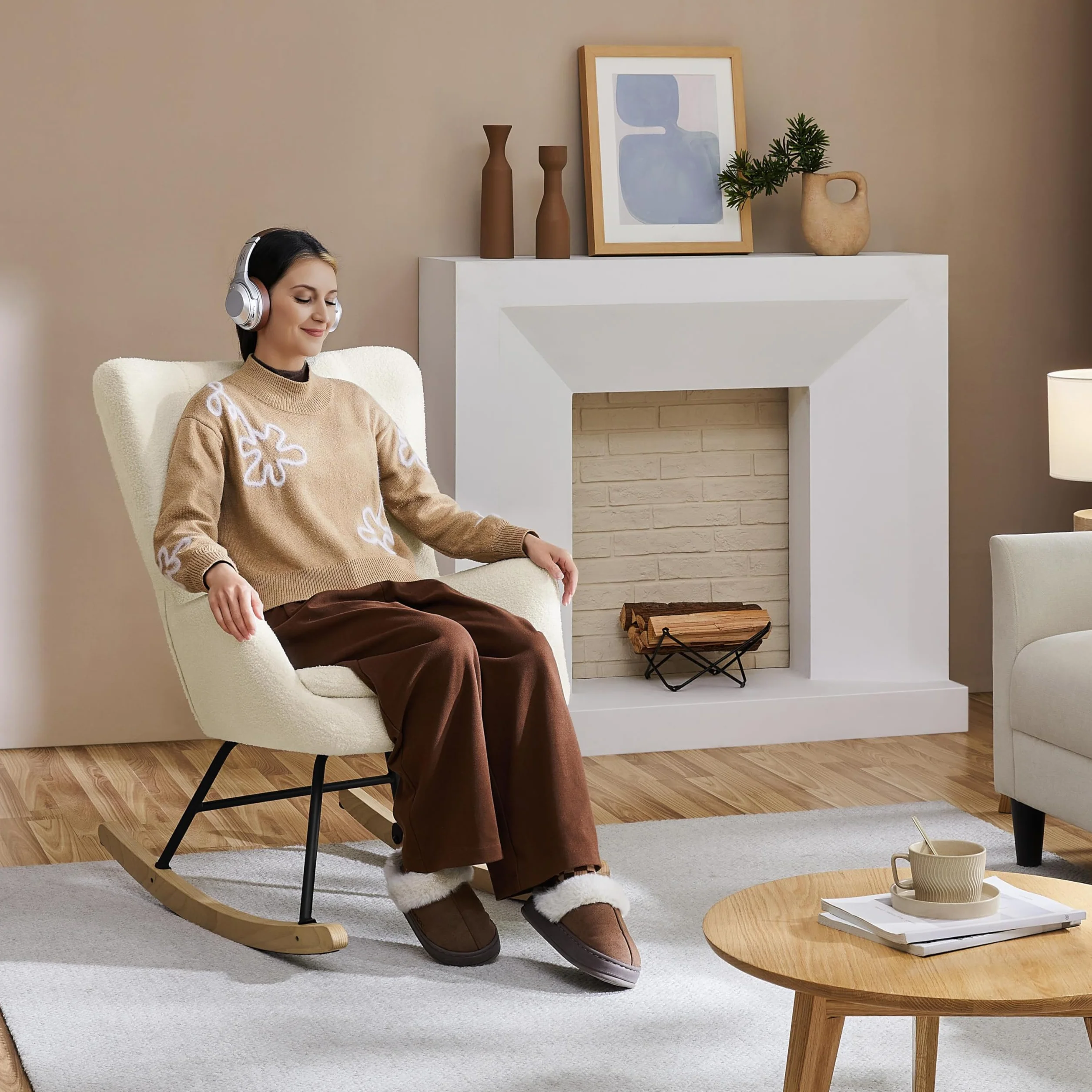 Yaheetech Silla Mecedora Relax Tapizada en Boucle Sillón Balancín con Estructura Metal y Madera de Haya Respaldo Alto Soporta 136 kg Ideal Salón Dormitorio Beige