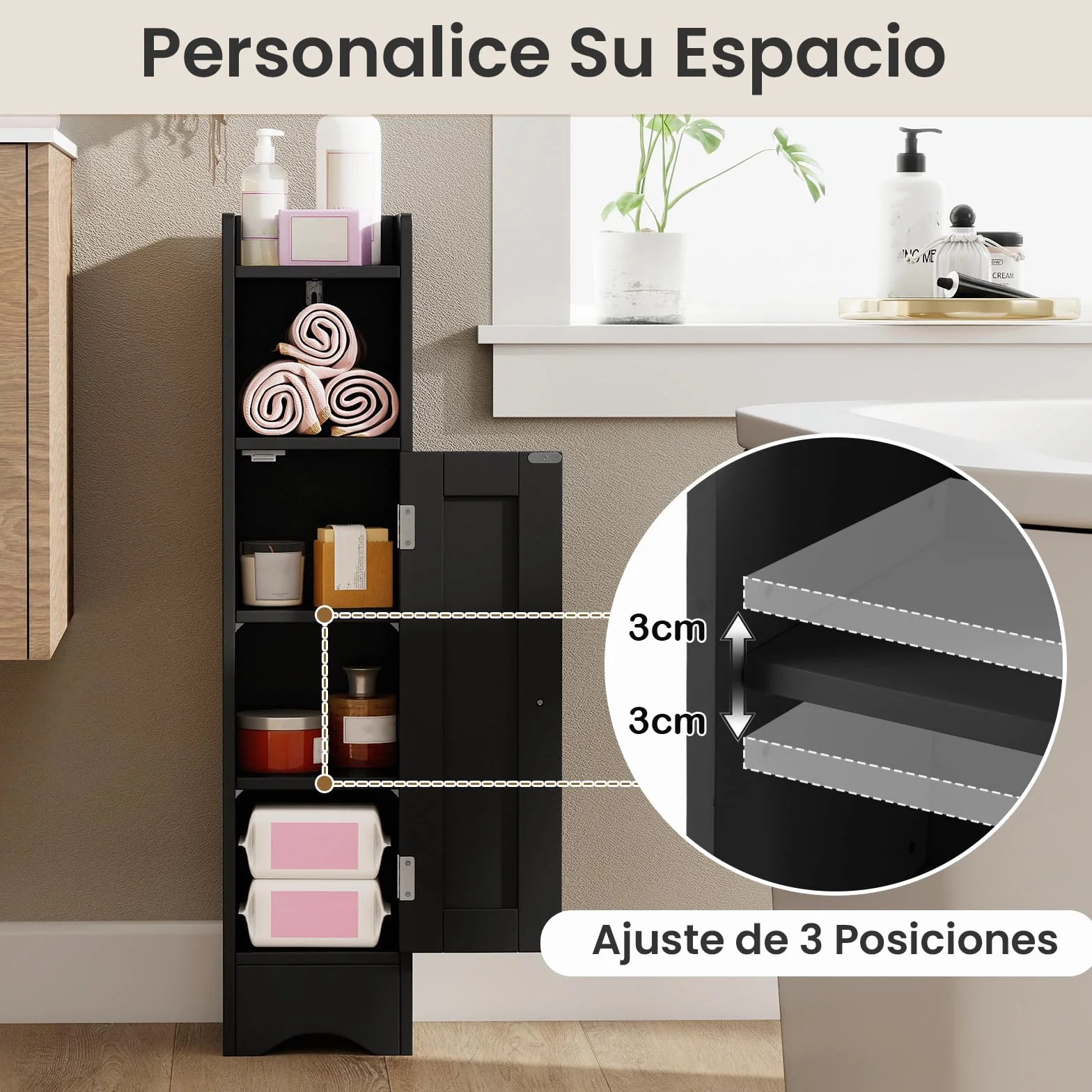 GIANTEX Armario Estrecho de Baño con Puerta, Mueble Organizador para Papel Higiénico con 5 Estantes de Almacenamiento, 2 Estantes Ajustables, 18 x 19,5 x 80 cm, para Salón, Lavandería (Negro)