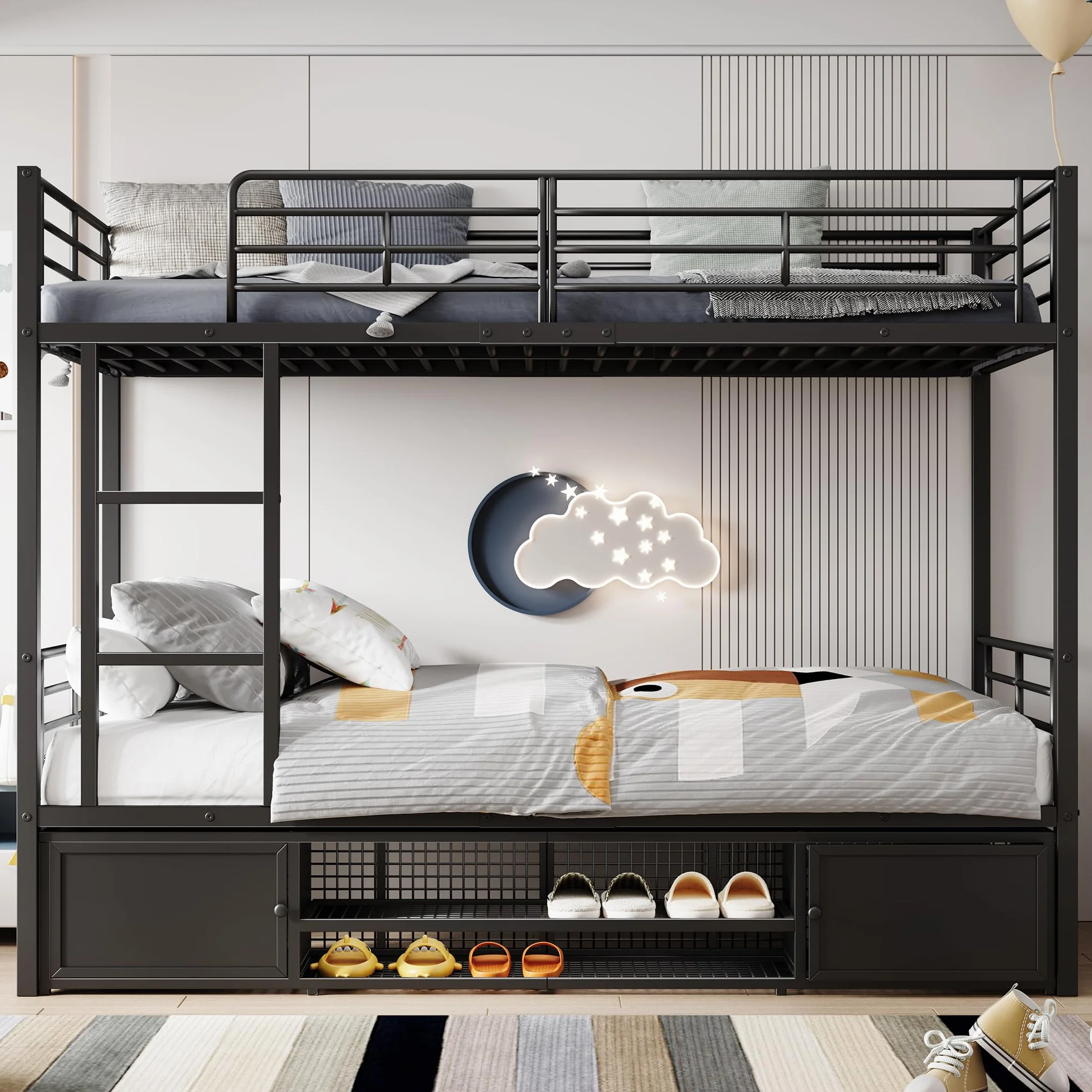 Cama litera de hierro, adecuada para niños y adolescentes, con escalera lateral y rejilla de protección, color negro, 90 x 200 cm