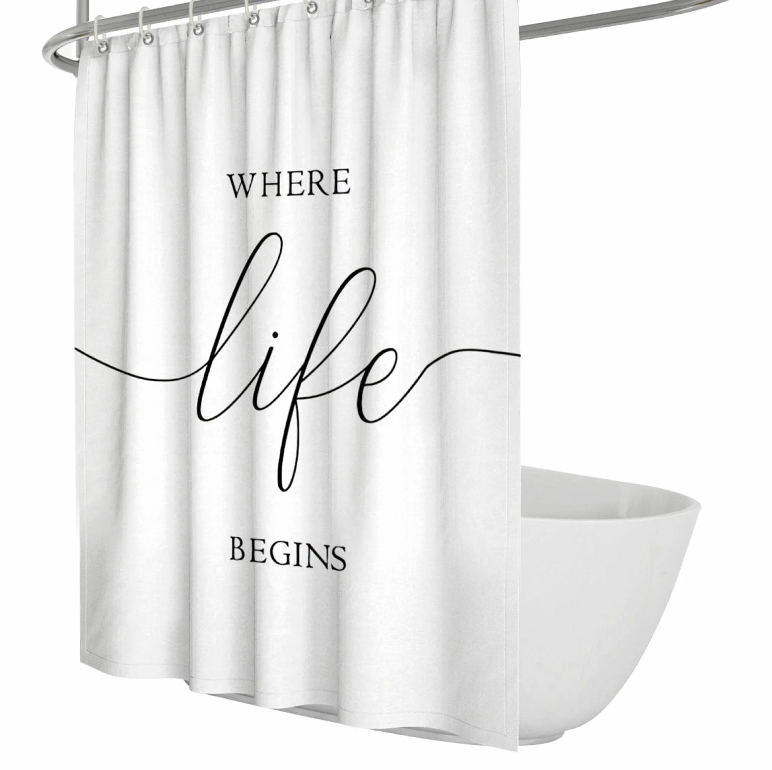 Cortina de Ducha de Simplicidad Moderna Set White Words Cortina de Ducha para la decoración del baño Cortina de Ducha de Tela Lavable Impermeable para bañera W200xL200cm