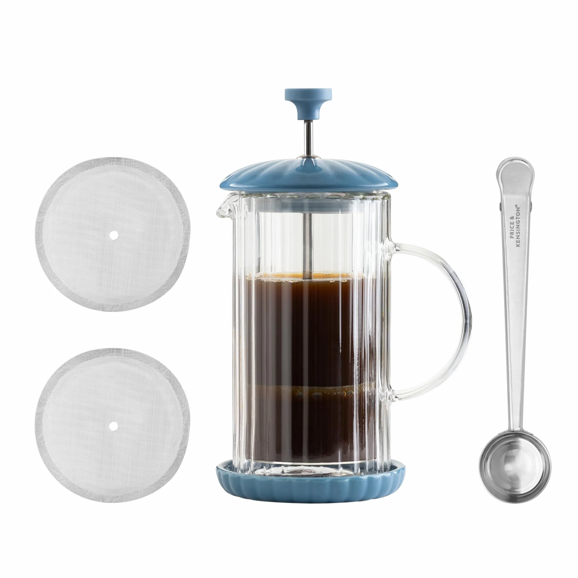 Price & Kensington Luxe French Press Bluebell Cafetiere 350 ml (hasta 1-1,5 tazas pequeñas) Cafetera de vidrio de doble pared con filtro de émbolo de acero inoxidable, posavasos de cerámica