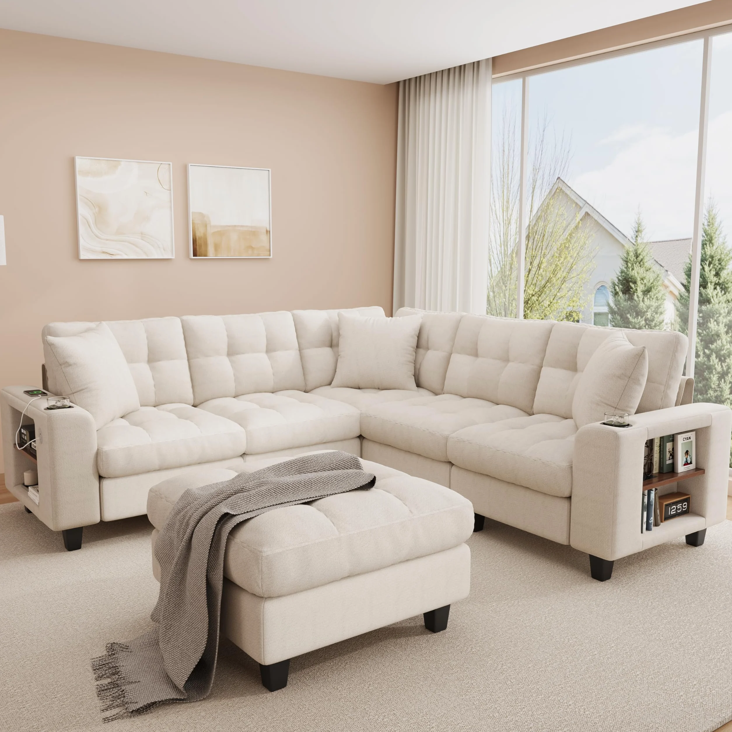 Sapgaks Sofá modular moderno de 6 plazas, con USB y portavasos, sofá de esquina modular muy grande en forma de U/L, con reposapiés extraíble y apoyabrazos con estantería, tela de chenilla, beige