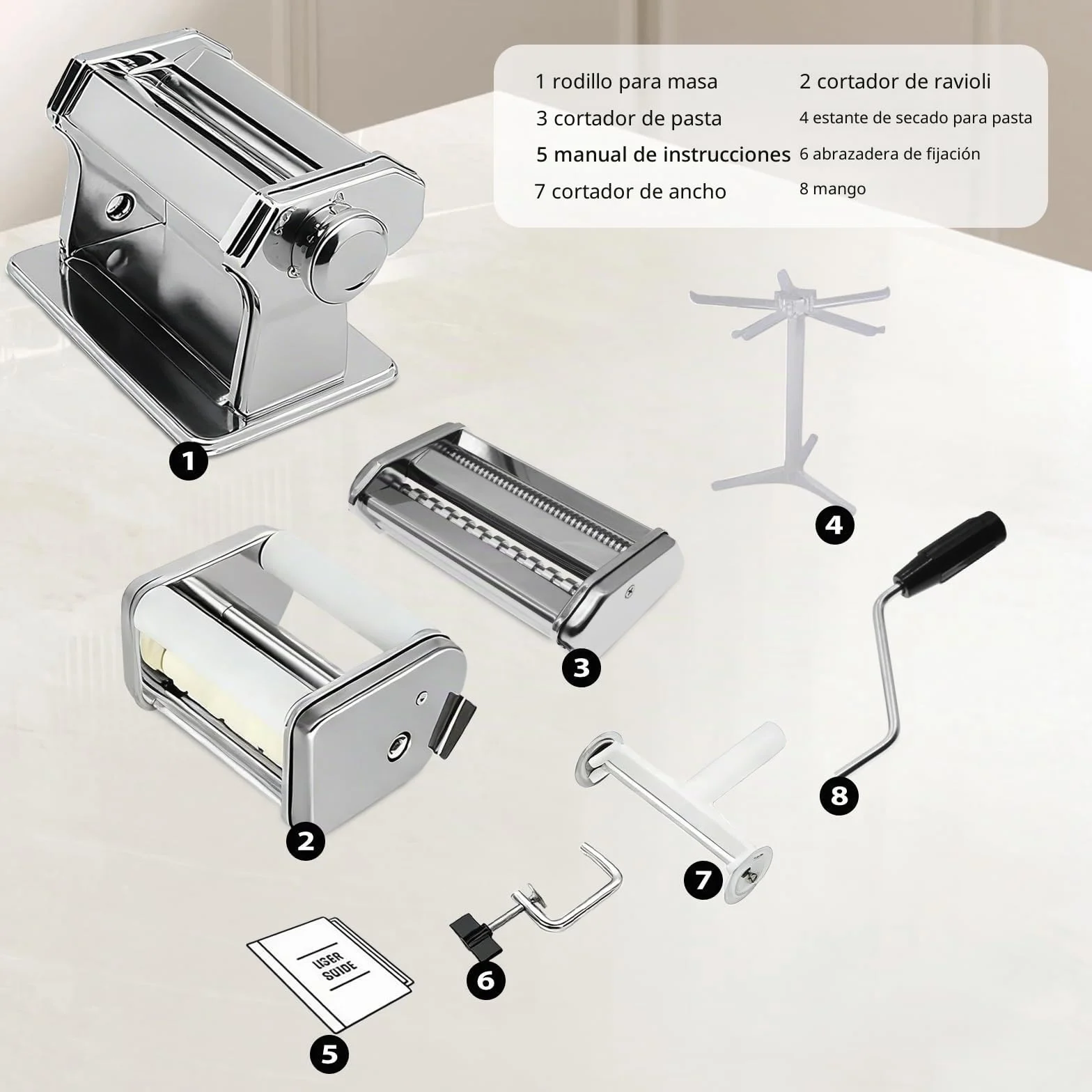 MZTOGR Máquina para hacer pasta y raviolis, juego de 6 piezas de acero de 150 mm con 9 ajustes de grosor ajustables, incluye accesorio para hacer raviolis, estante de secado de pasta