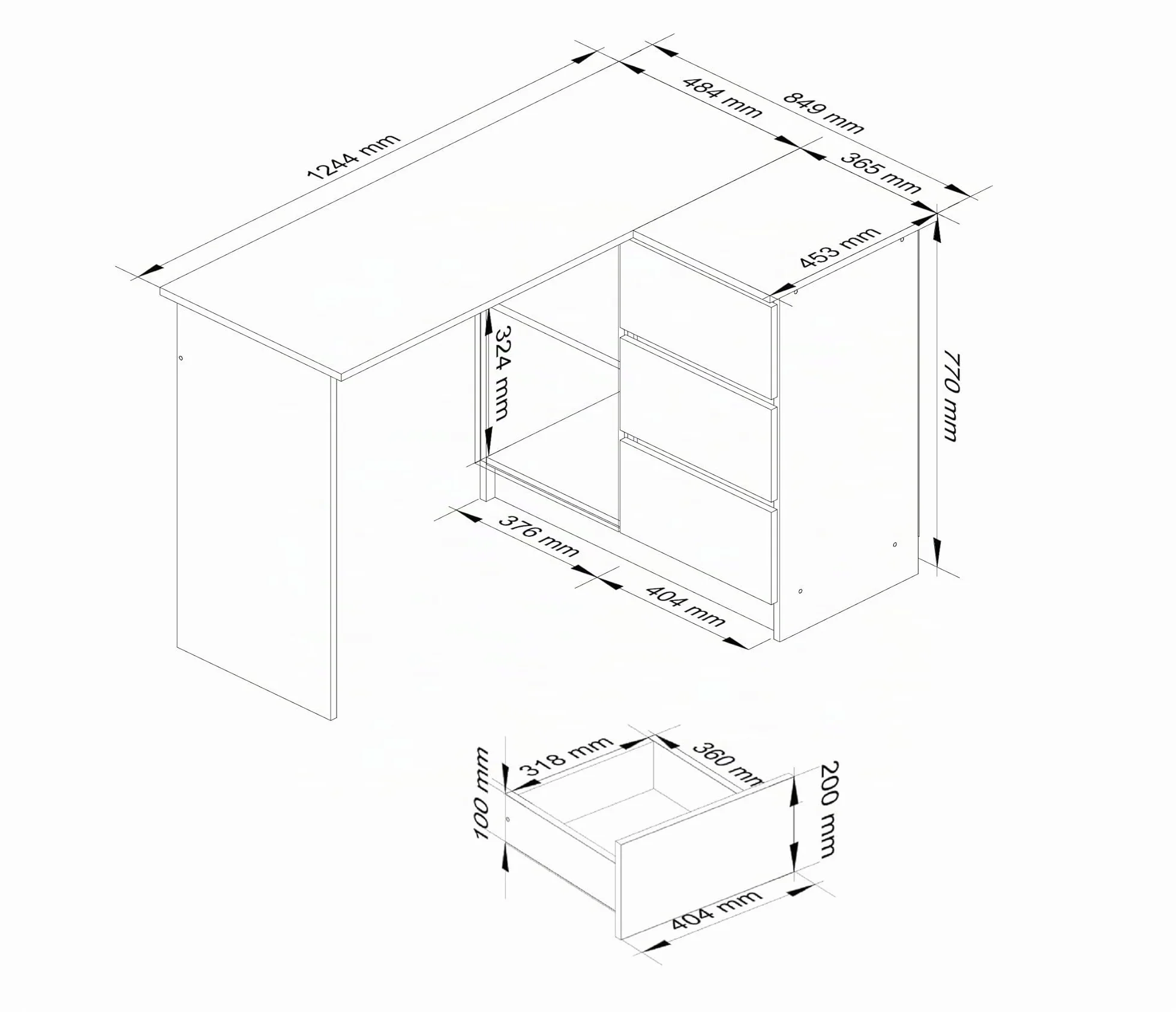 Escritorio esquinero AKORD B16 Roble Sonoma 124 cm con lado derecho 3 cajones frente en color Blanco 2 estantes 124x85x77 cm
