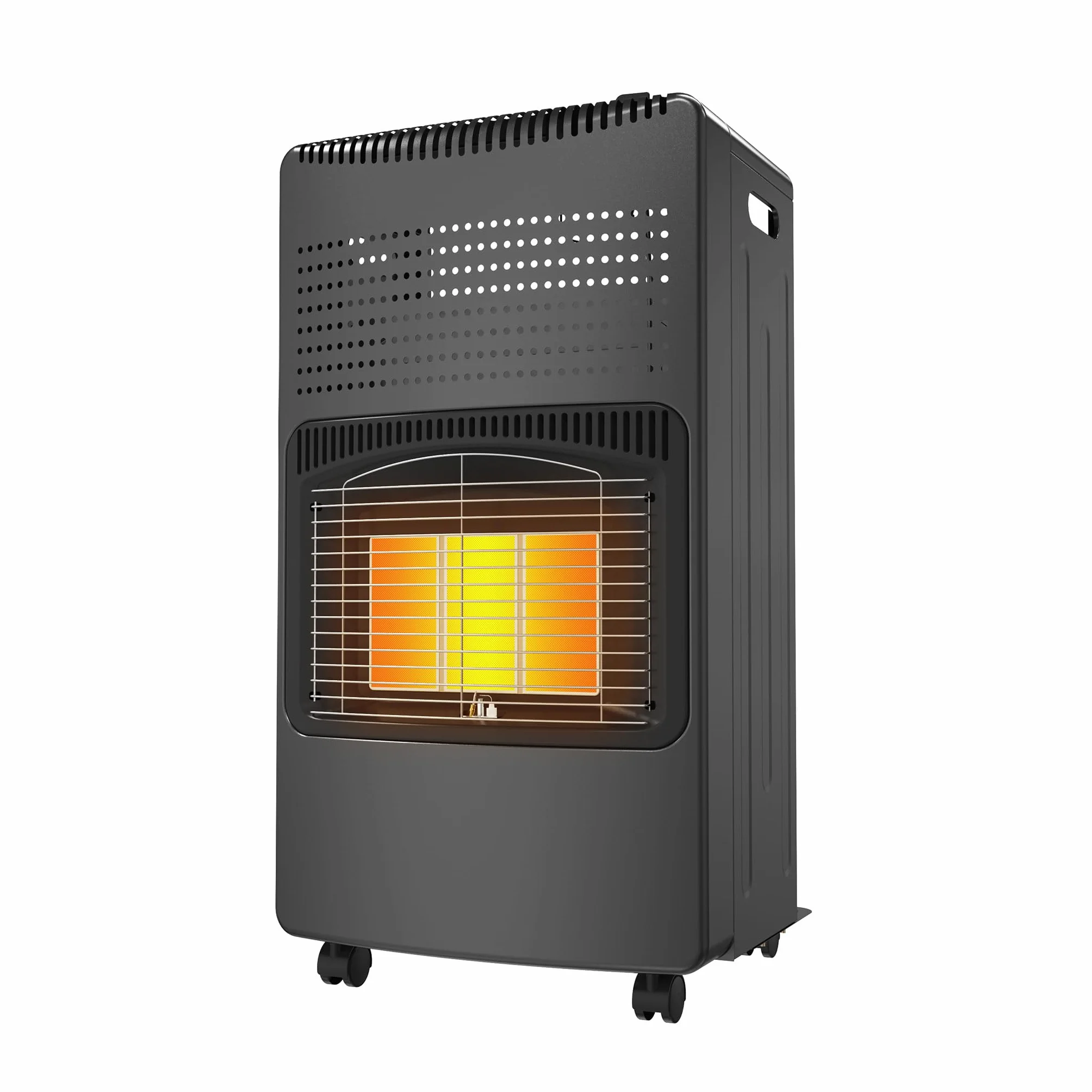FIVMEN Calefacción de gas para interiores, 4200 W, cerámica, 3 niveles de calor, calentador de gas, calentador de gas, incluye asa, rueda y manguera de gas de hasta 12 kg, color negro