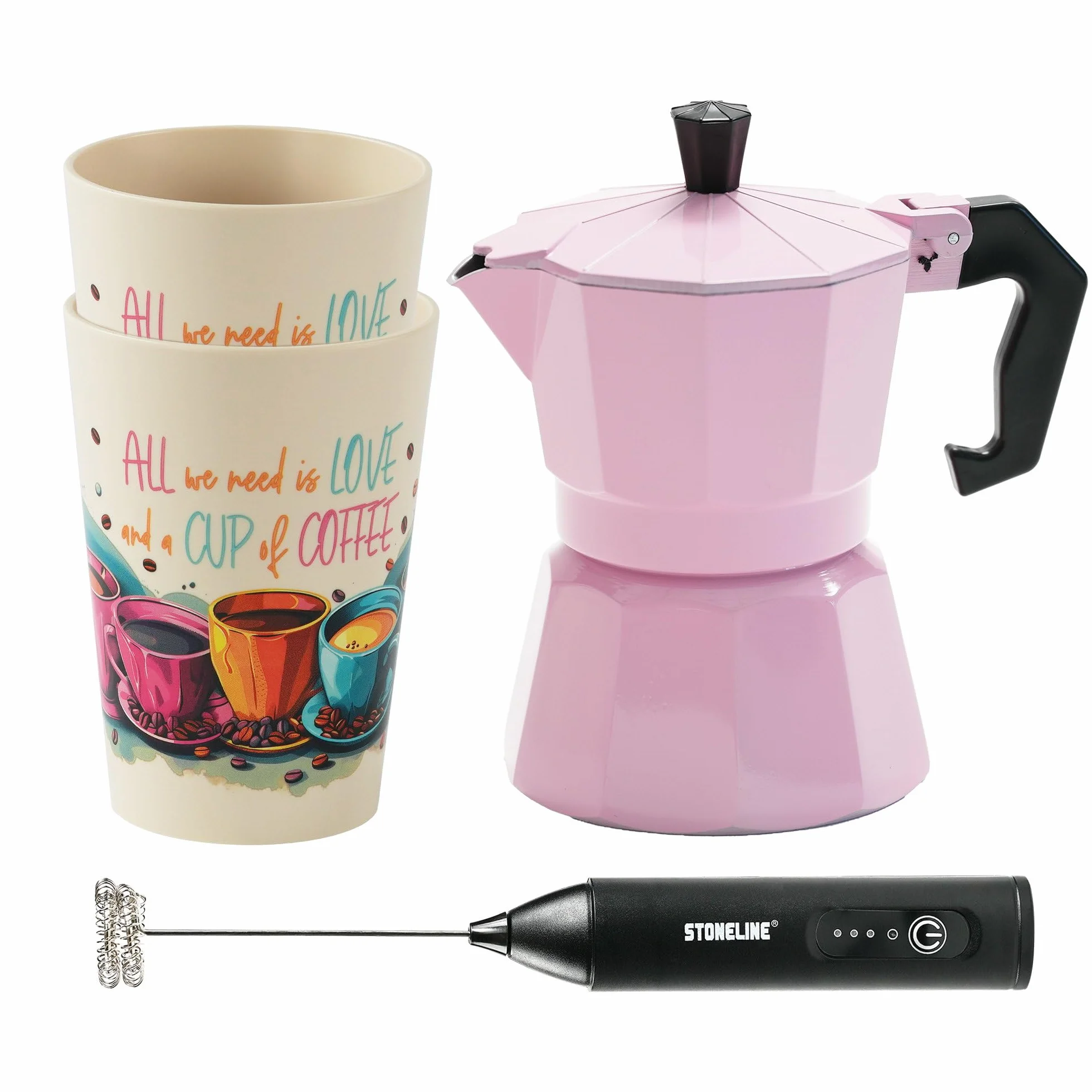 STONELINE Cafetera Italiana Inducción 4 Tazas 170 ml, Cafetera Espresso Moka de Aluminio Fundido, para Todo Tipo de Cocinas incluida Inducción, Juego Café Exprés con Vasos y Espumador, Rosa