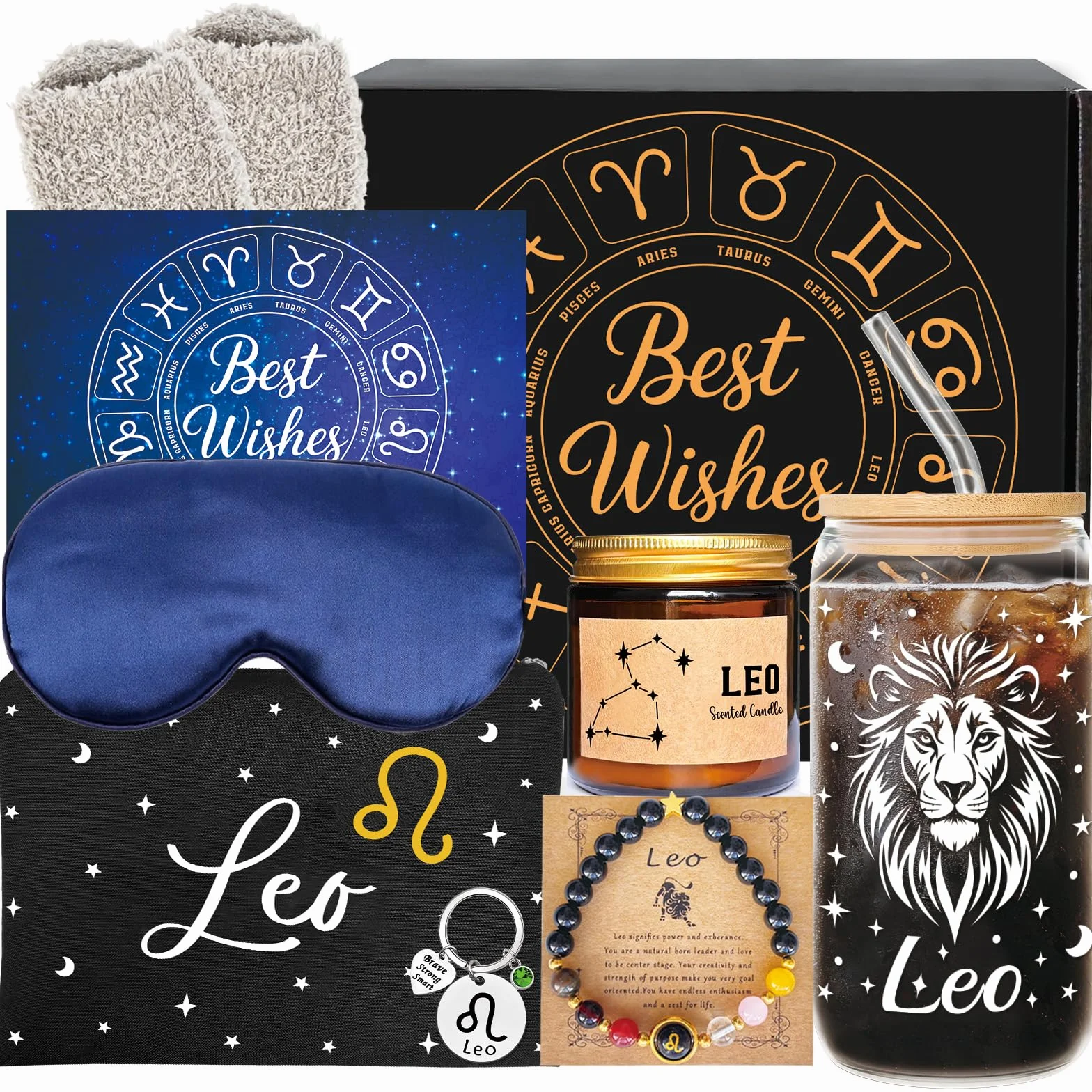 Leo - Regalos de cumpleaños para mujer, juego de taza de cristal del zodiaco para ella, cesta de astrología para mamá y hermana, caja de constelación para amiga, cesta de agradecimiento para jefe