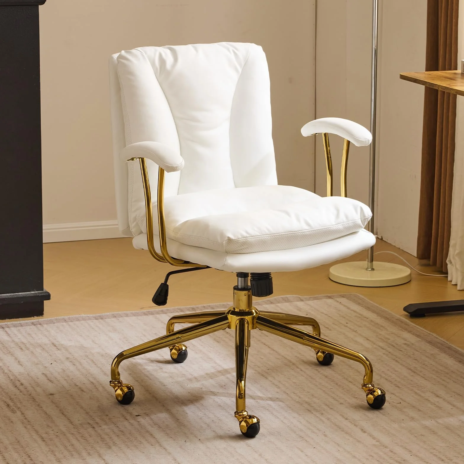 Bonnlo Silla de Escritorio, Silla ergonómica con reposabrazos, Silla ejecutiva, Silla giratoria, Regulable en Altura y Función de Inclinación, Oficina en Casa, Cuero PU, Blanco