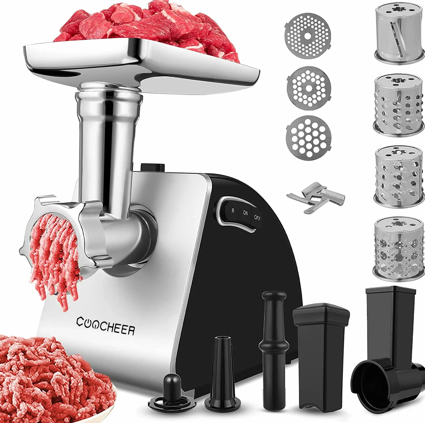 Nictemaw Picadora de carne eléctrica 5 en 1, multifunción, con 4 cuchillas y 3 placas de corte de acero inoxidable, para salchichas, otros accesorios para galletas, albóndigas, 2000 W máx