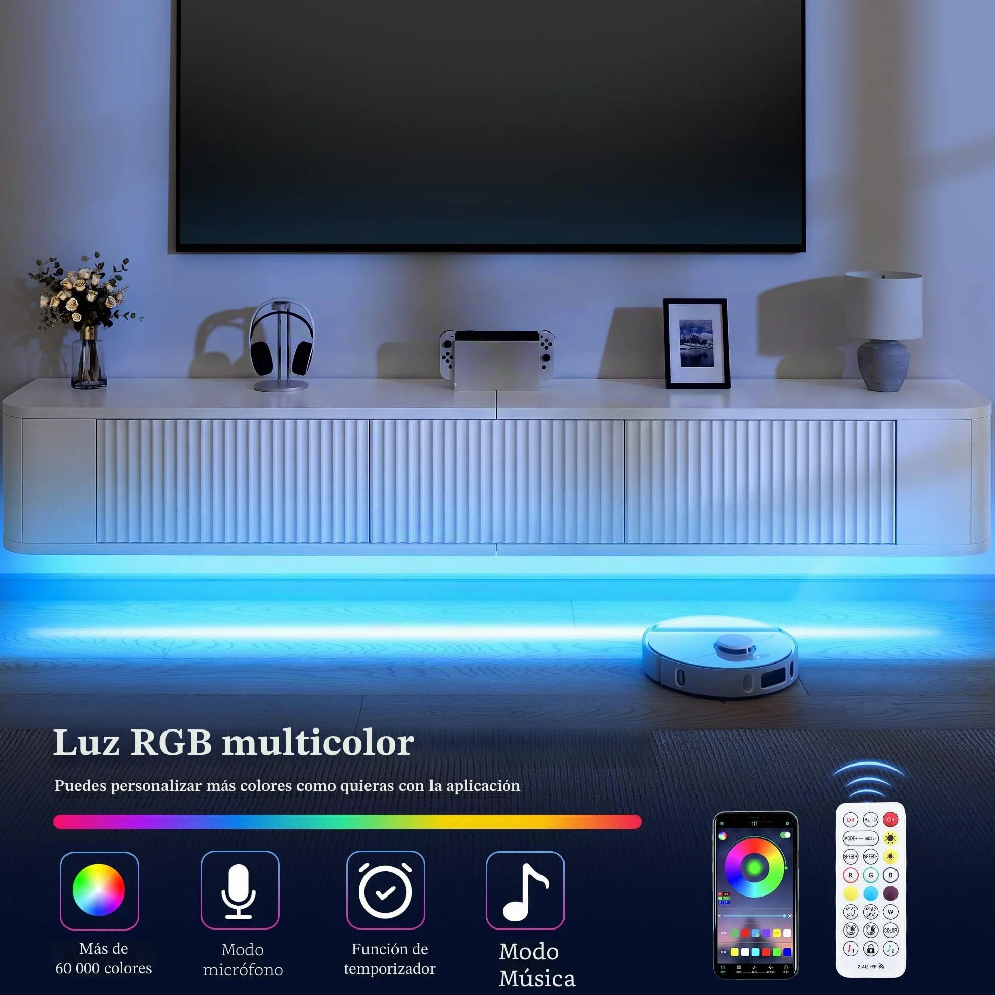 YITAHOME Soporte Flotante de TV de 180 cm, estantes de TV montados en la Pared con luz LED RGB, Consola Multimedia de TV Blanca de Alto Brillo, Armario de TV Flotante de Gran Almacenamiento para Sala