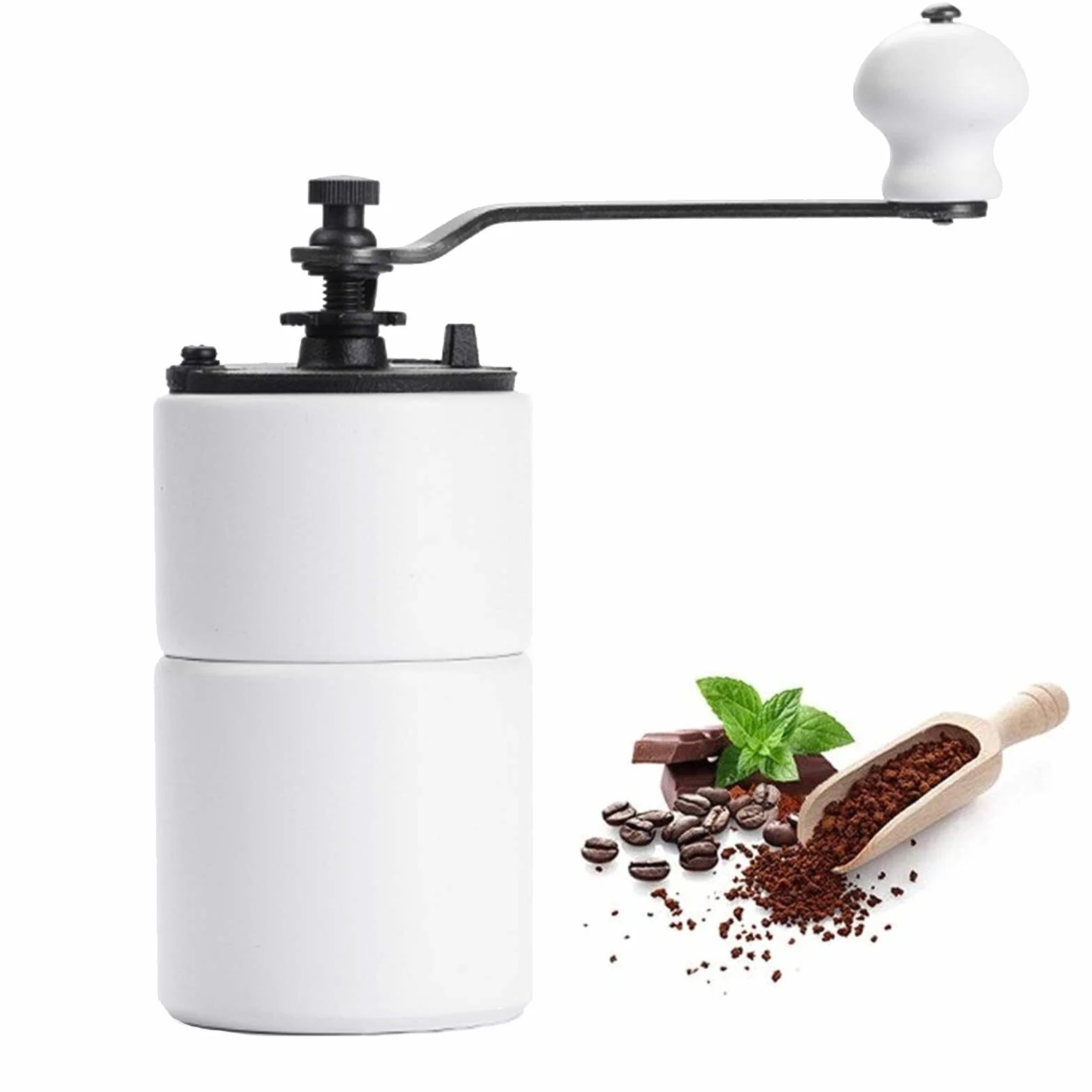 Molino De Grano Café Manual, Molino De Muela De Cerámica De Manivela, Configuración Portátil Ajustable Máquina De Molino De Café para Viajar Y Acampar,Blanco