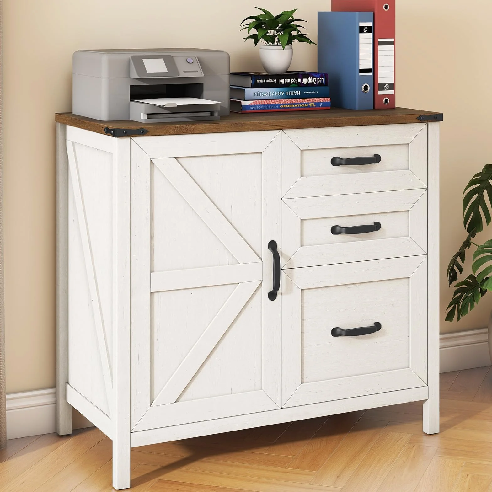 BonVache Archivador Lateral con 3 Cajones, Mueble de Almacenamiento para Oficina Estilo Campestre, Soporte para Impresora, Blanco Rústico para Carpetas Colgantes A4/Letter, 80 cm
