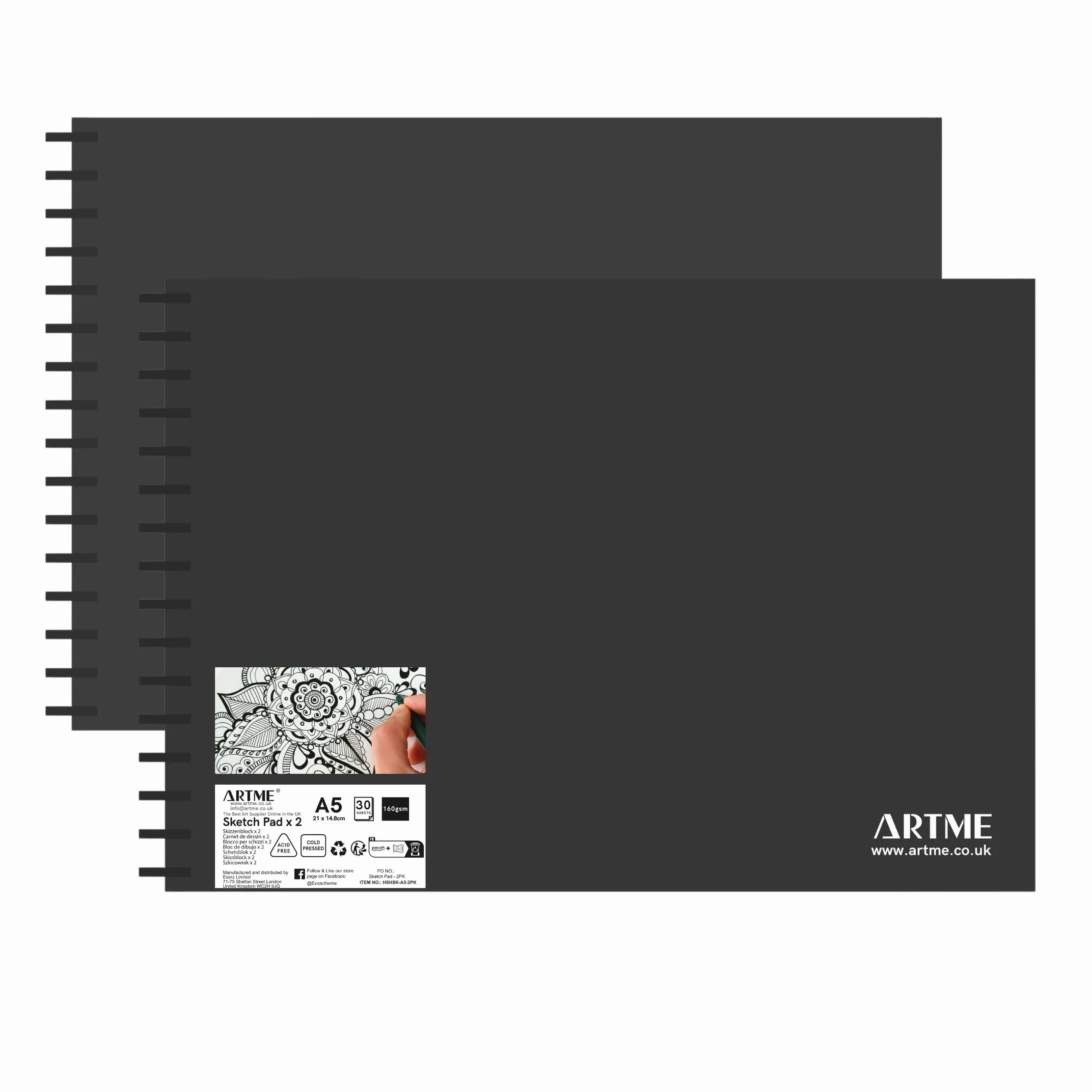 Artme Bloc de bocetos A5, 160 g/m², 30 hojas, cuaderno de espiral, 2 piezas
