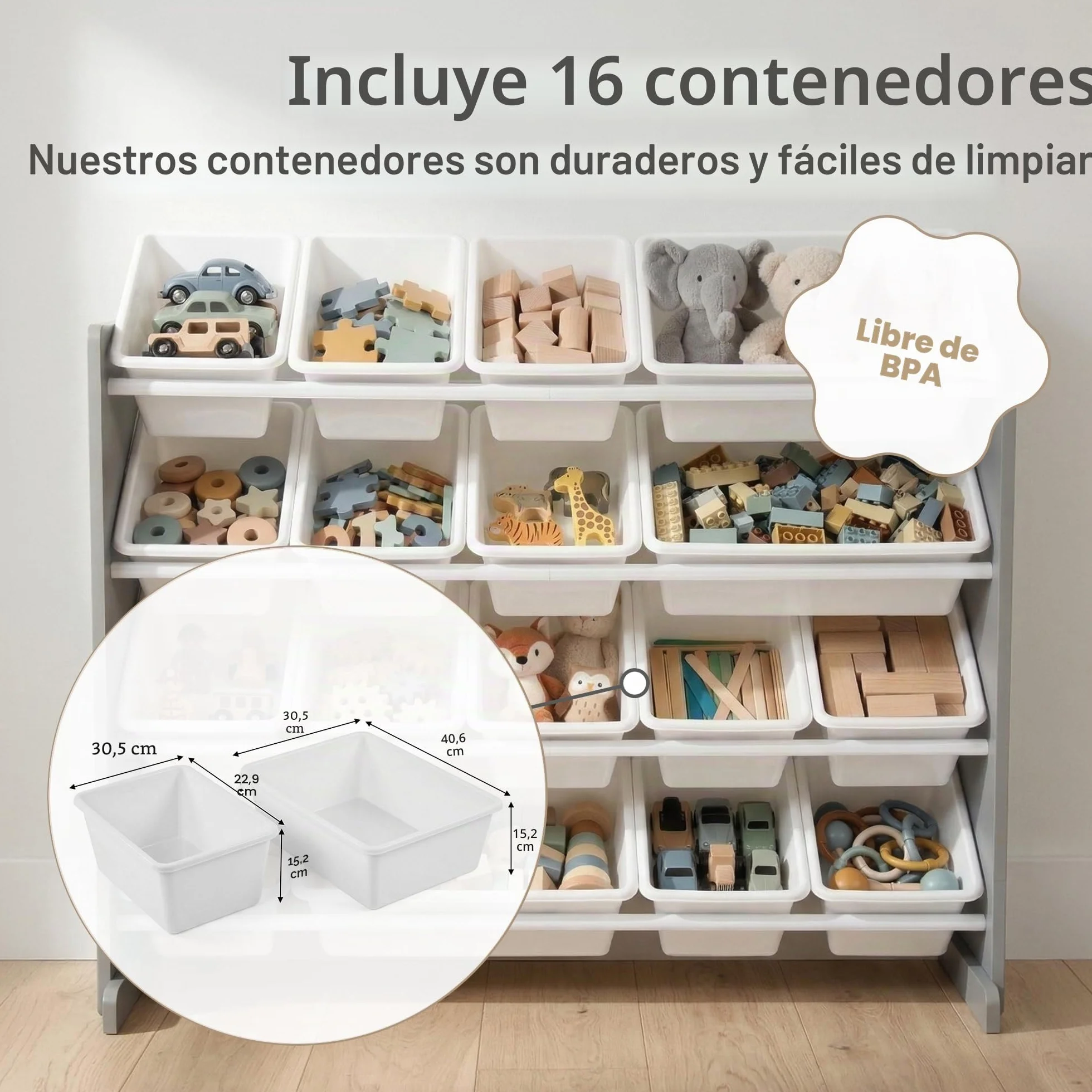 Humble Crew estantería Infantil Gris/Blanco: 16 Cajas Almacenamiento, Madera, Organiza Juguetes, Segura, Moderna, fácil Montaje