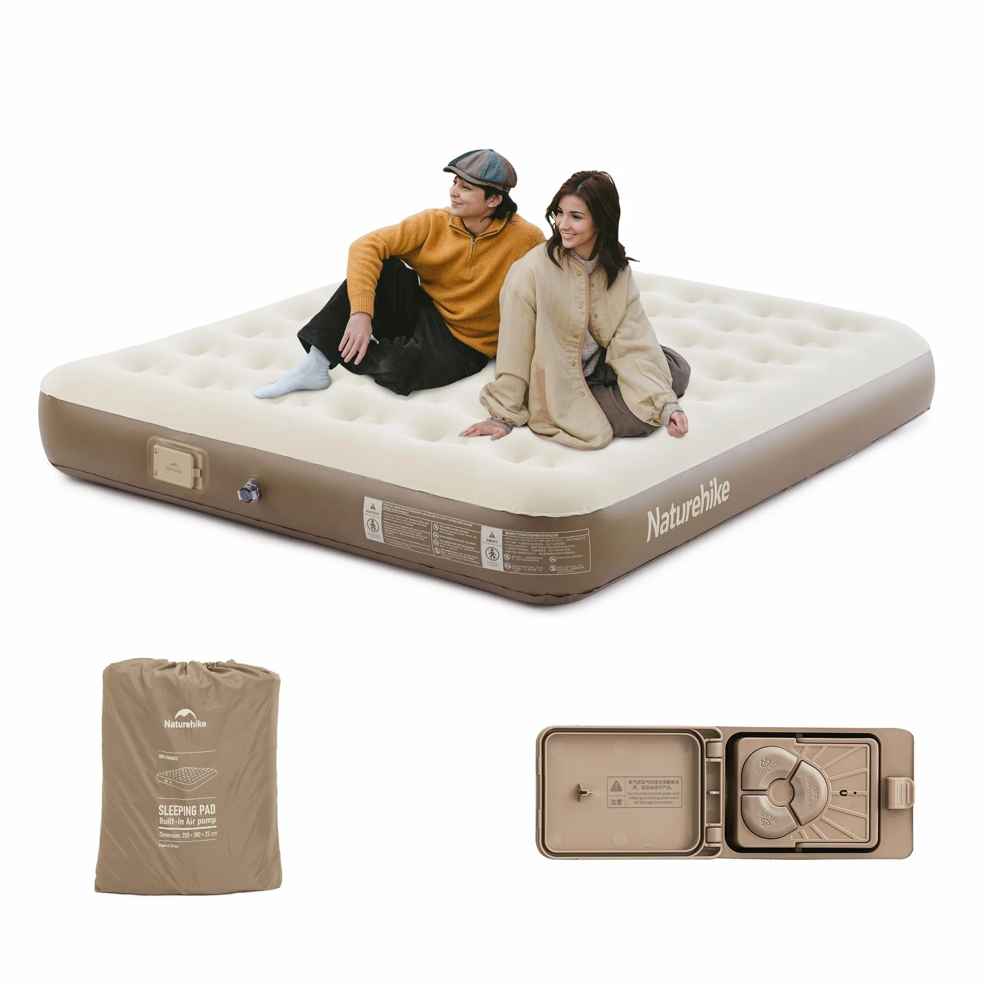 Naturehike Chenjing - Cama de aire inflable, colchón de aire autoinflable con bomba recargable integrada (no necesita tomacorriente), colchón inflable portátil para camping, viajes y hogar (2 hombres