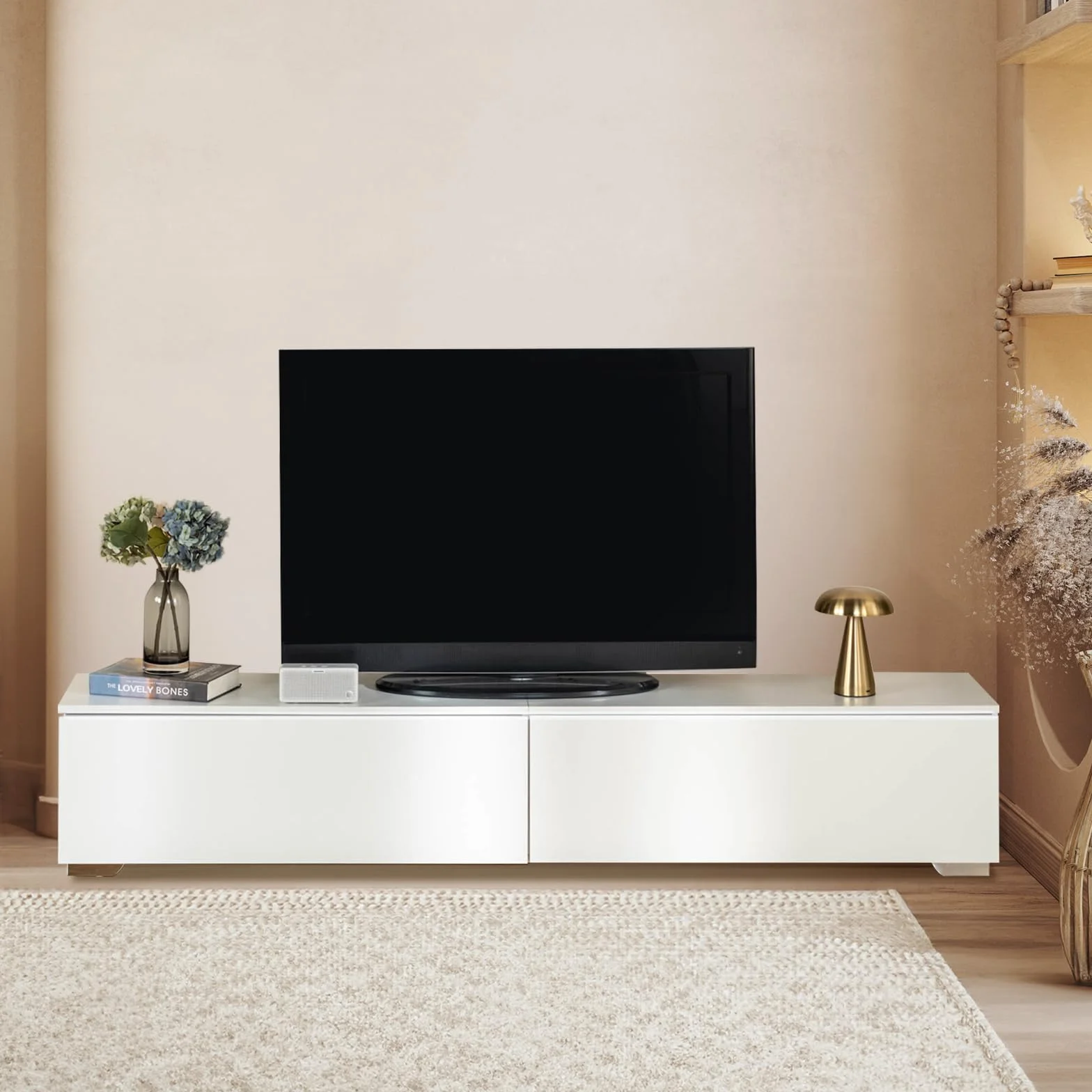 Mueble TV Salon 180 x 33 x 30cm, con Luces LED, con 2 Taquillas, Apto para Salón, Dormitorio, Blanco