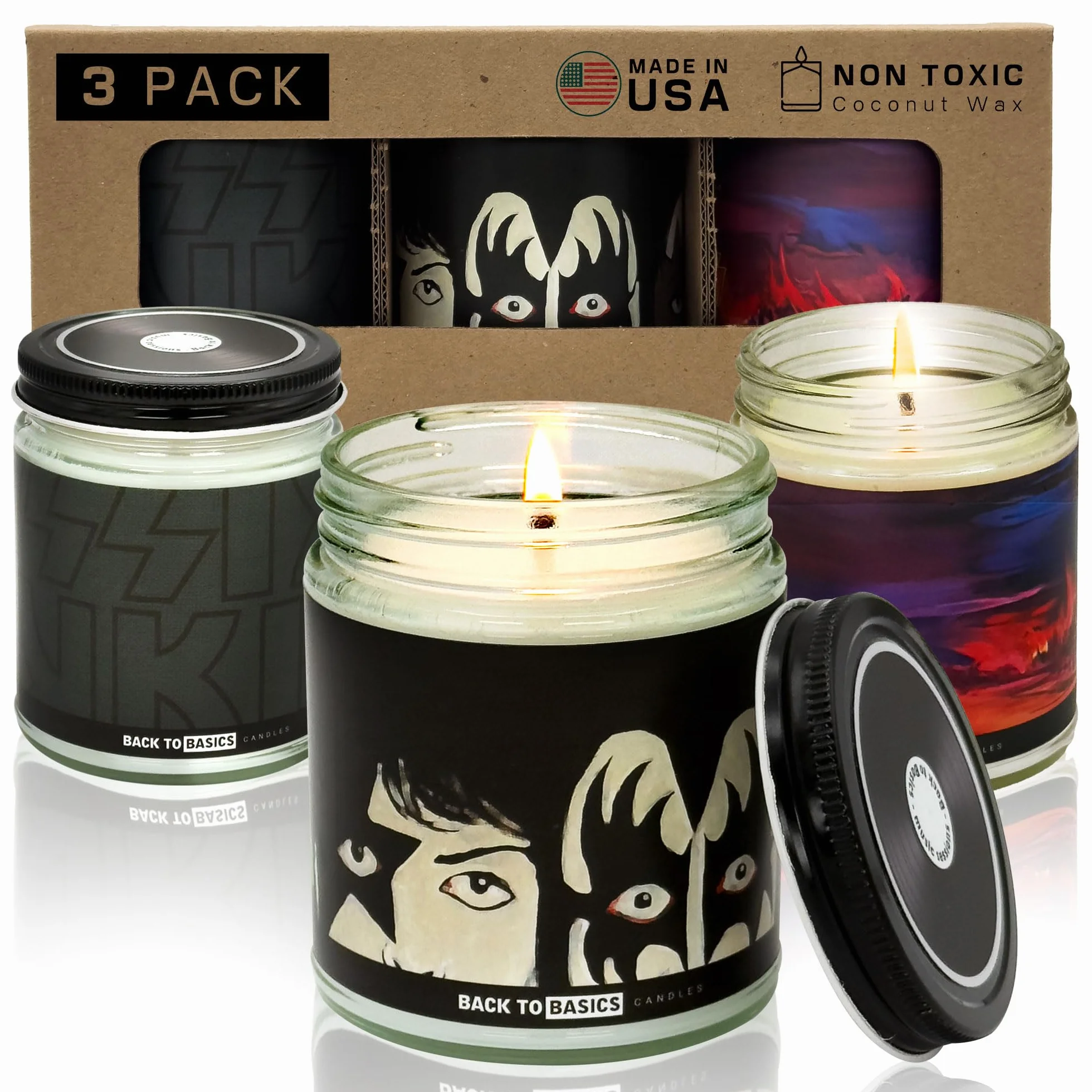 KISS - Juego de velas prémium | Velas Back to Basics - 3 velas aromáticas de cera de coco de soja vegana para fanáticos del rock & roll, merchandising, decoración del hogar, regalos de cumpleaños para