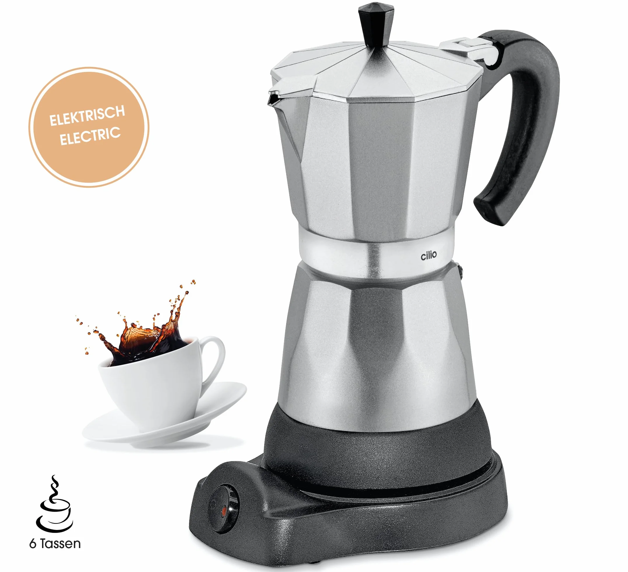 Cilio 273700 Classico - Cafetera eléctrica (6 tazas), diseño de cafetera italiana, color plateado y negro