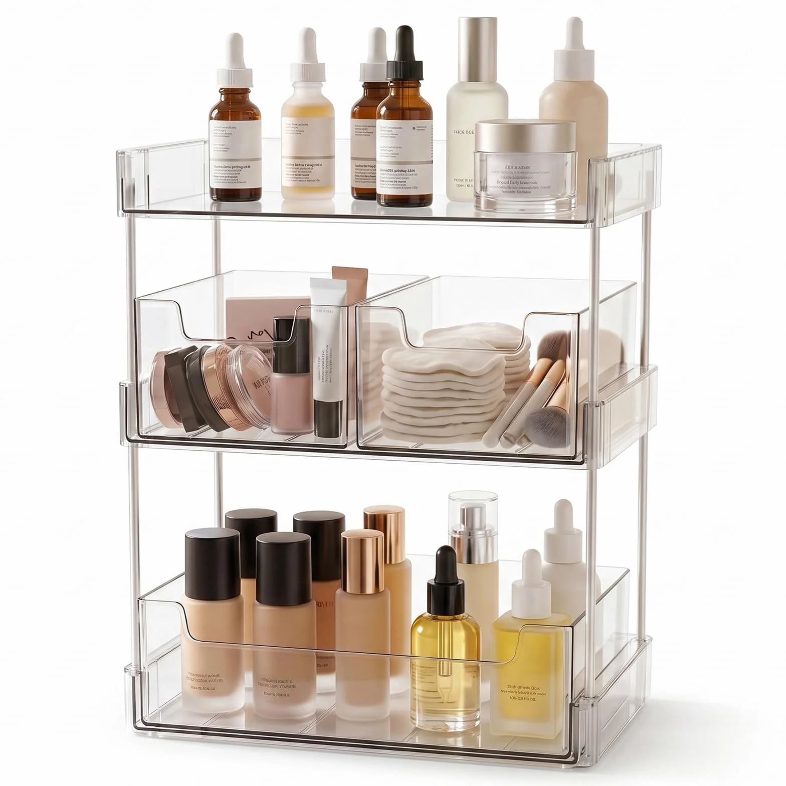 JessLab Organizador de Maquillaje Transparente, 3 Niveles con Cajones Extraíbles, Estante Grande para Cosméticos para Botellas Altas, Perfume, Labial, Encimera de Baño