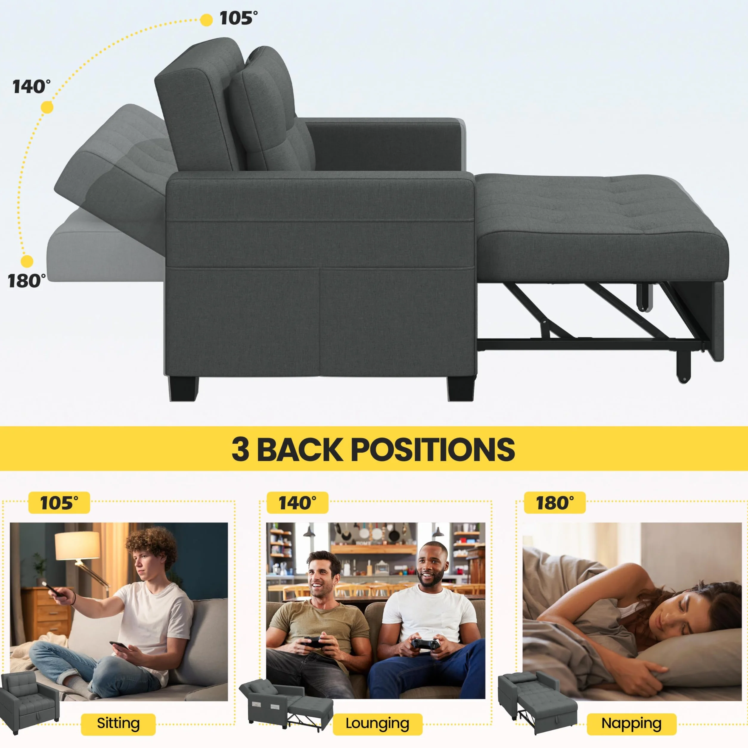 Yaheetech 3 En 1 Sofá Cama Sillón Relax Sofá Individual de 1 Plaza para Dormitorio Sala de Estar Apartamento Sofá con Respaldo Ajustable en 3 ángulo Gris Oscuro