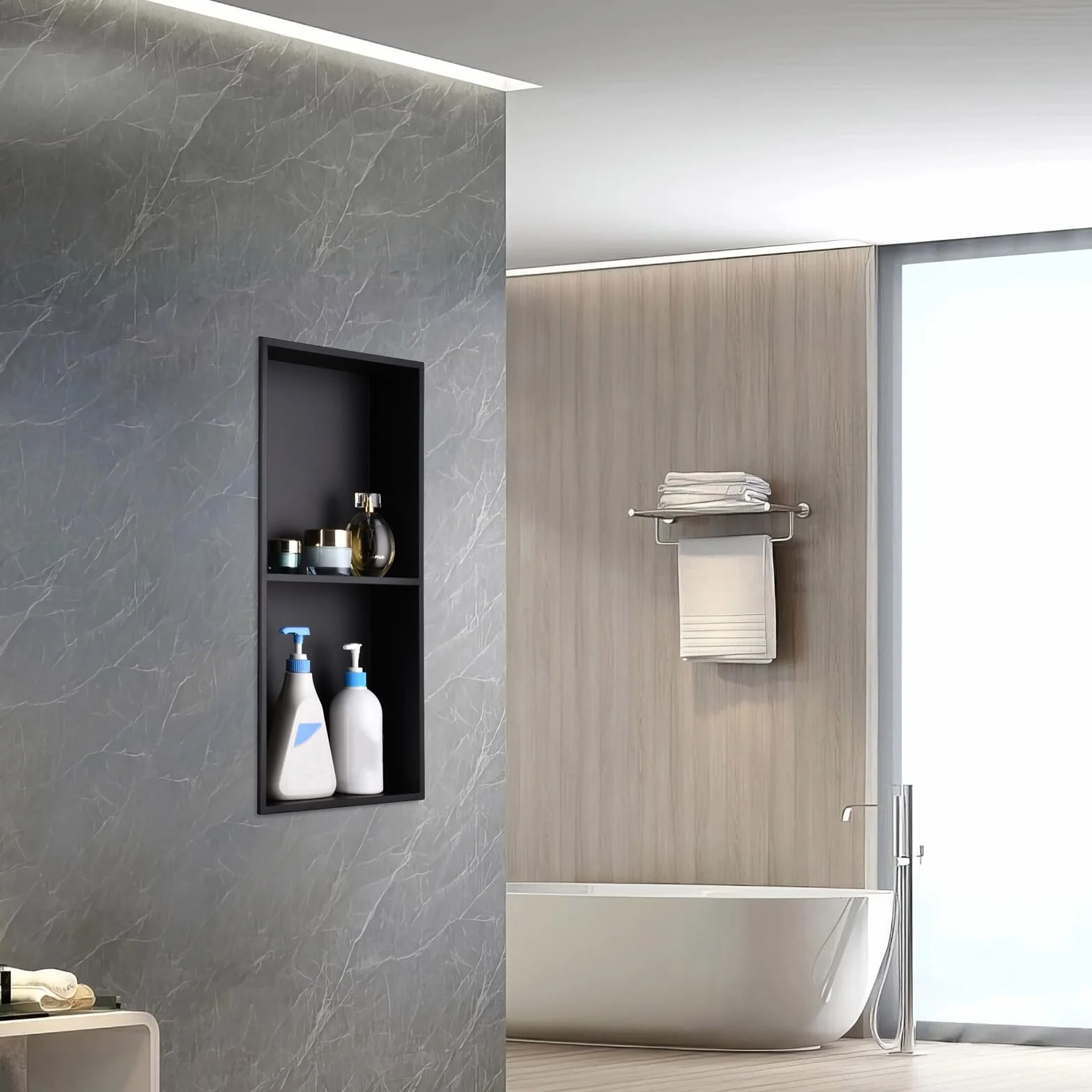 Nicho de ducha de acero inoxidable, 60 x 30 cm, color negro | 2 pisos | Nichos empotrables impermeables, solución de almacenamiento de diseño para baño moderno