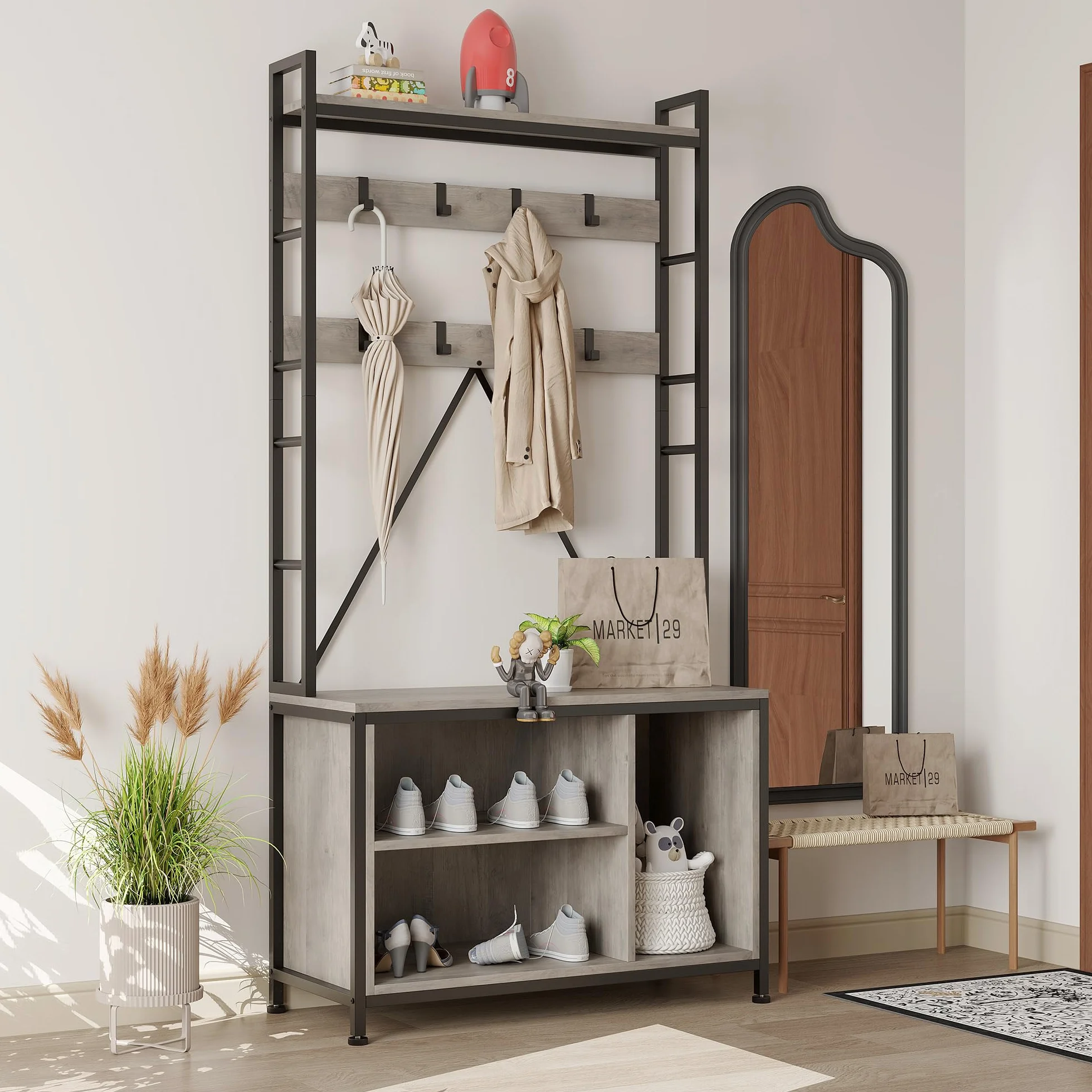 Garvee Perchero Recibidor Con Banco y Zapatero, Mueble Entrada Industrial De Madera y Metal, Organizador Con Estante y Ganchos, Perchero Independiente De Pie Para Entrada y Pasillo, Gris