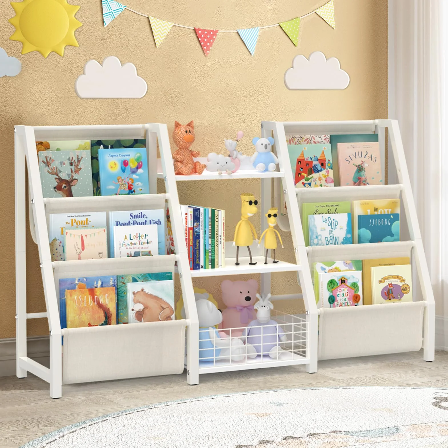 BORISI Estantería Montessori Infantil - Libreria con 6 Niveles, Estante Organizador de Juguetes y Libros para Niños, Mueble de Almacenaje para Dormitorio, 124x30x75 cm, Blanco