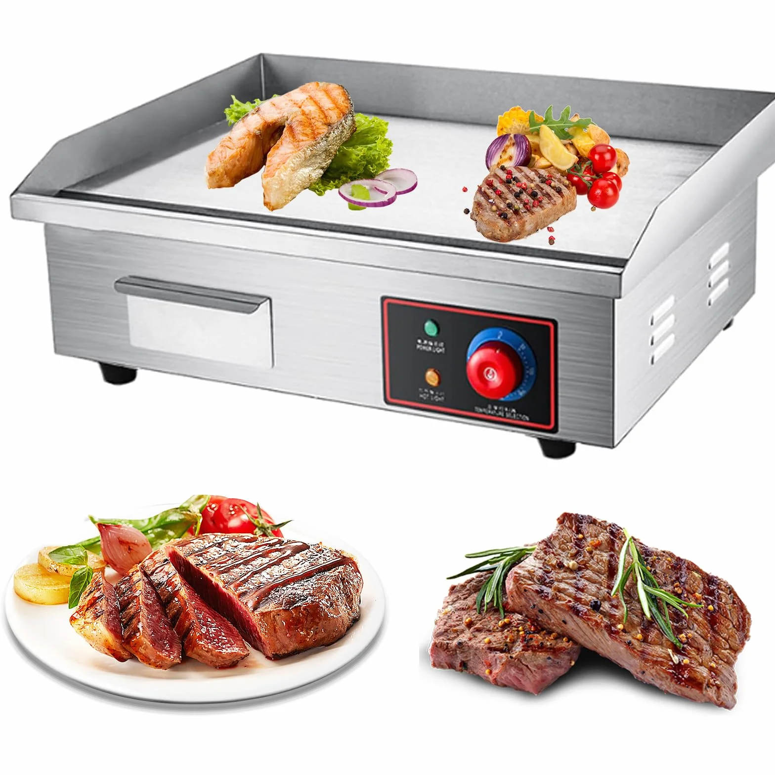 Plancha Cocina Eléctrica Profesional, Plancha Barbacoa Acero Inoxidable 55x35 cm, Temperatura 50-300 °C, 3000W Plancha Cocina Electrica con Bandeja Recoge Grasa, Antisalpicaduras