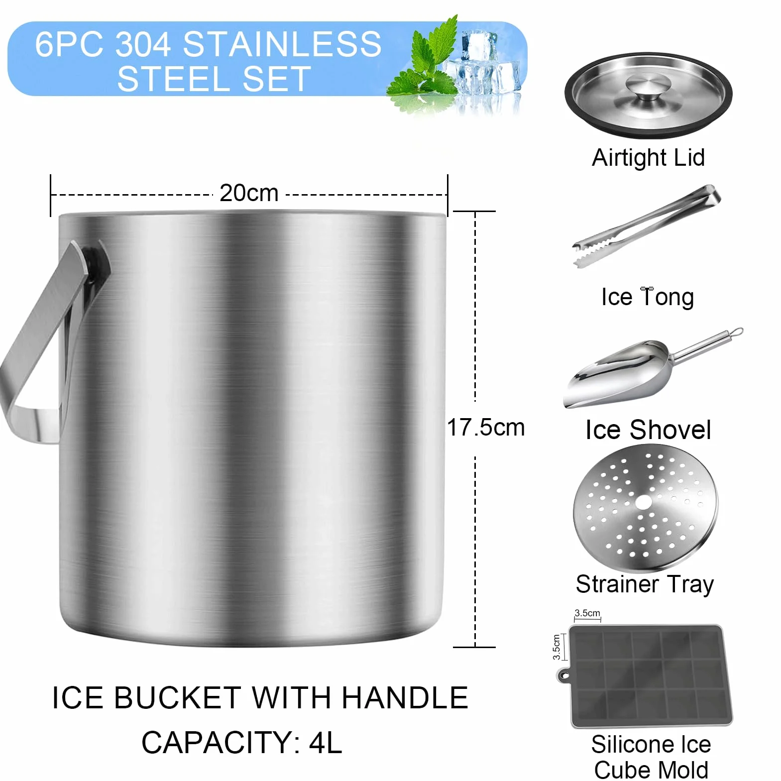 Cubierta de Acero Inoxidable,4L Cubiteras Acero Inoxidable,Cubitera Hielo de Acero Inoxidable con Tapa,Cuchara,Pinzas y Colador,Cubo de Hielo de Acero Inoxidable con Aislamiento de Doble Pared