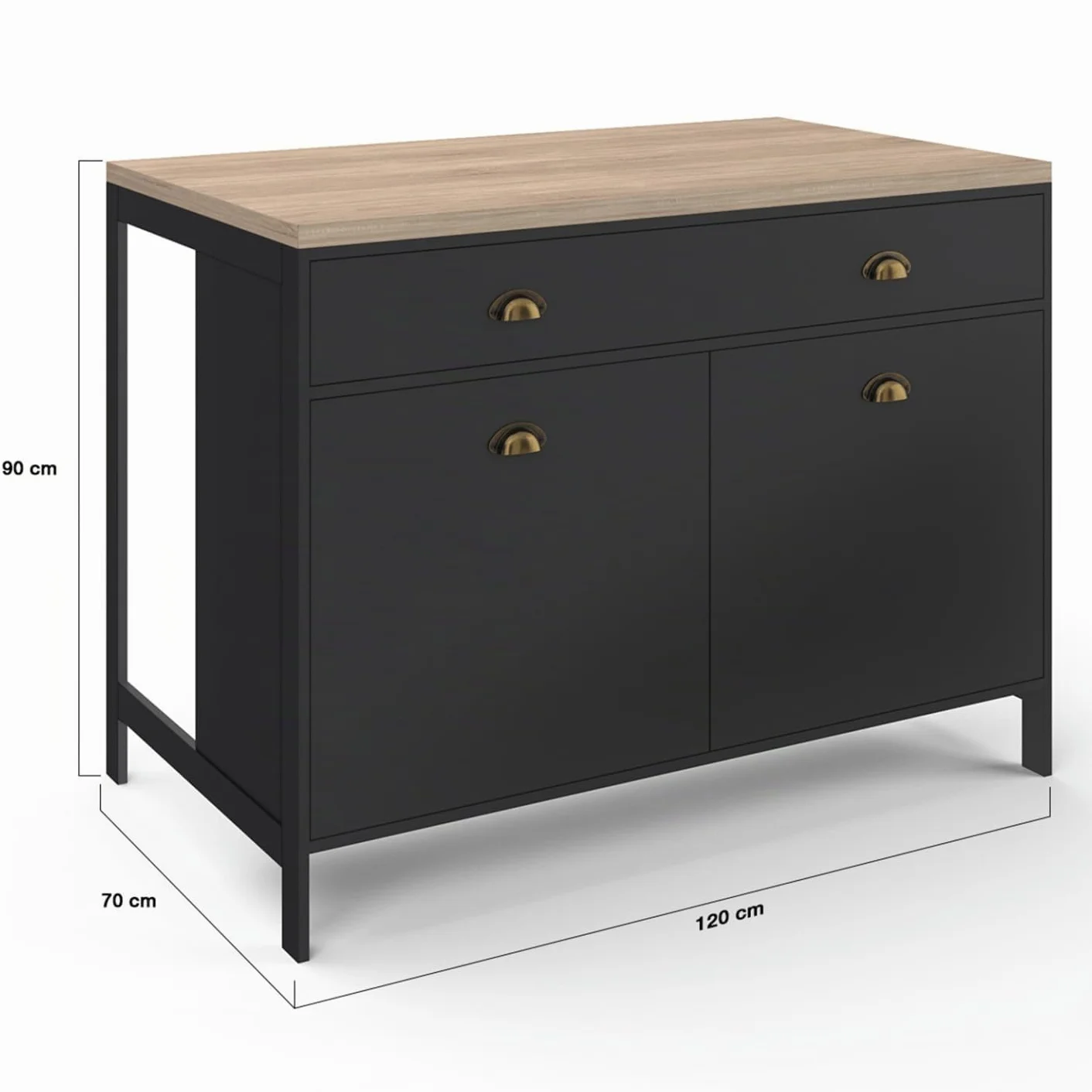 IDMarket - Isla central 120 cm campo ISIS con madera efecto haya y tablero negro
