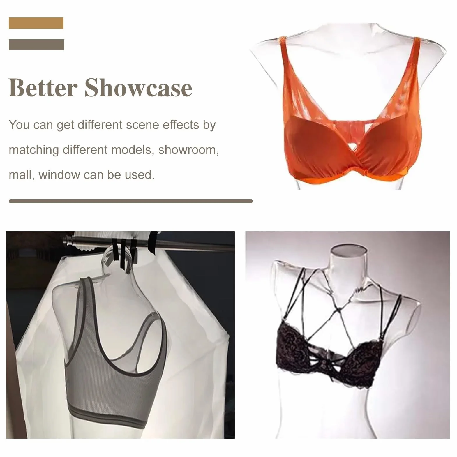 Maniquí de torso femenino de plástico transparente, forma rígida de medio cuerpo para exhibición de ropa con perchero