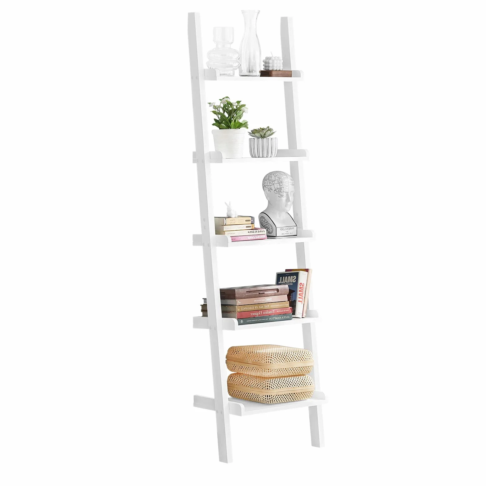 SoBuy Estantería Escalera 5 Estantes Soporta hasta 5kg/Estante 56x32x189cm | librería de pared en MDF blanco, diseño moderno, para salón u oficina FRG17-W
