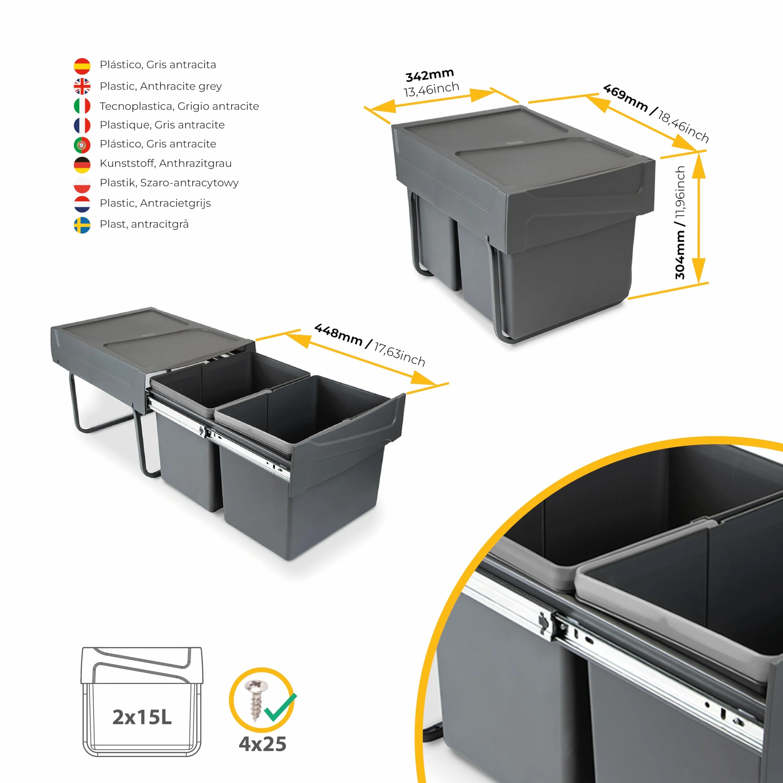 EMUCA - Cubos de Basura bajo Fregadero con fijación Inferior para Cocina, 2 contenedores de Reciclaje extraibles, Capacidad Total 30L (2 x 15 L), Acero y plástico, Gris Antracita.