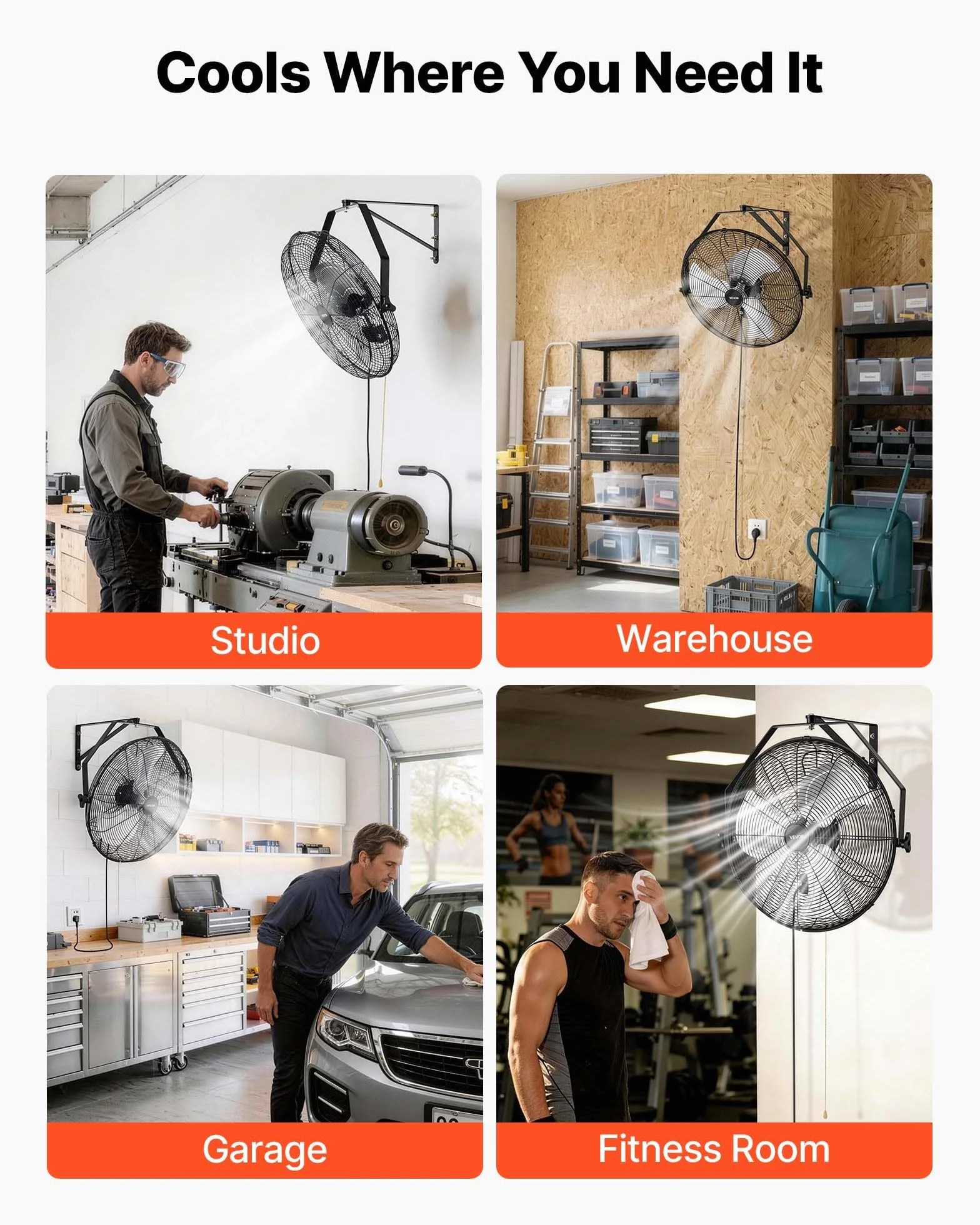 VEVOR Ventilador de Pared, Paquete de 2, con 3 Velocidades, Aire de Flujo, Ángulo Ajustable, Motor de Cobre, Ventilador Industrial Oscilante de Acero para Taller, Garaje, Gimnasio, Comercio, Almacén