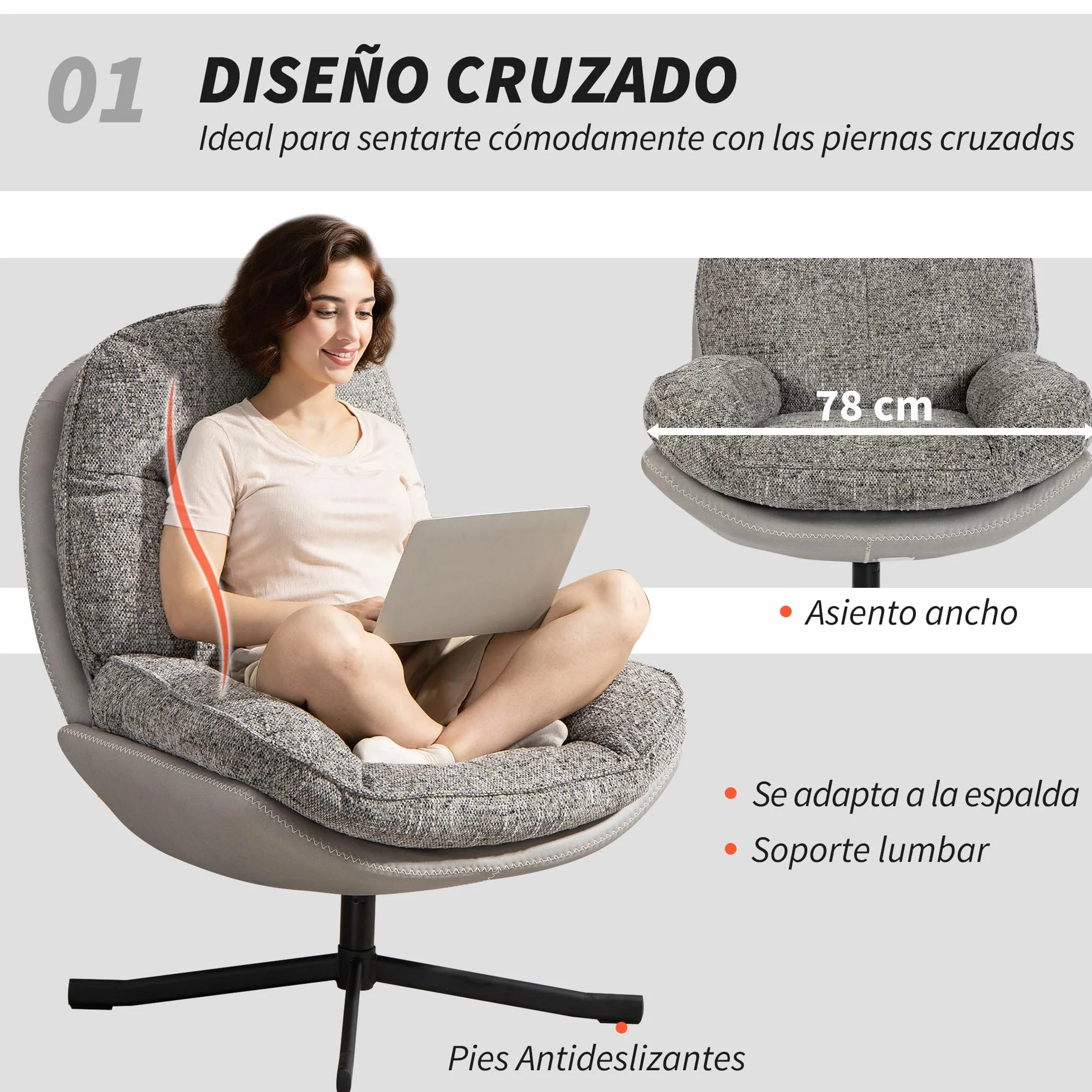 HOMCOM Sillón Giratorio Moderno, Butaca de Salón con Base Cruz, Tapizado en Chenilla y Cuero PU, Asiento Ancho Doble, Patas de Acero y Reposabrazos, Sillón Relax para Sala de Estar, Dormitorio, Gris