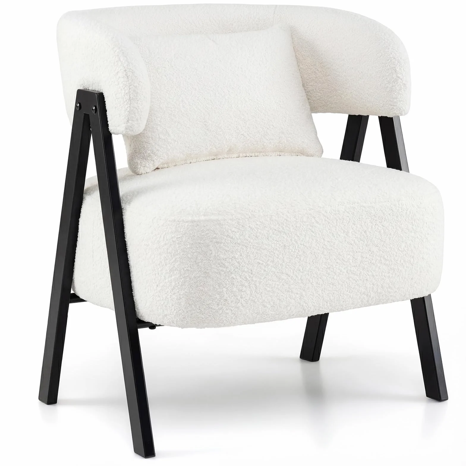 COSTWAY Butaca de Salón Tapizado en Imitación Conejo Suave, Sillón con Cojín Lumbar y Patas de Metal, Silla Estilo Escandinavo para Lectura, Sofá Individual de Ocio para Salón, Dormitorio (Blanco)
