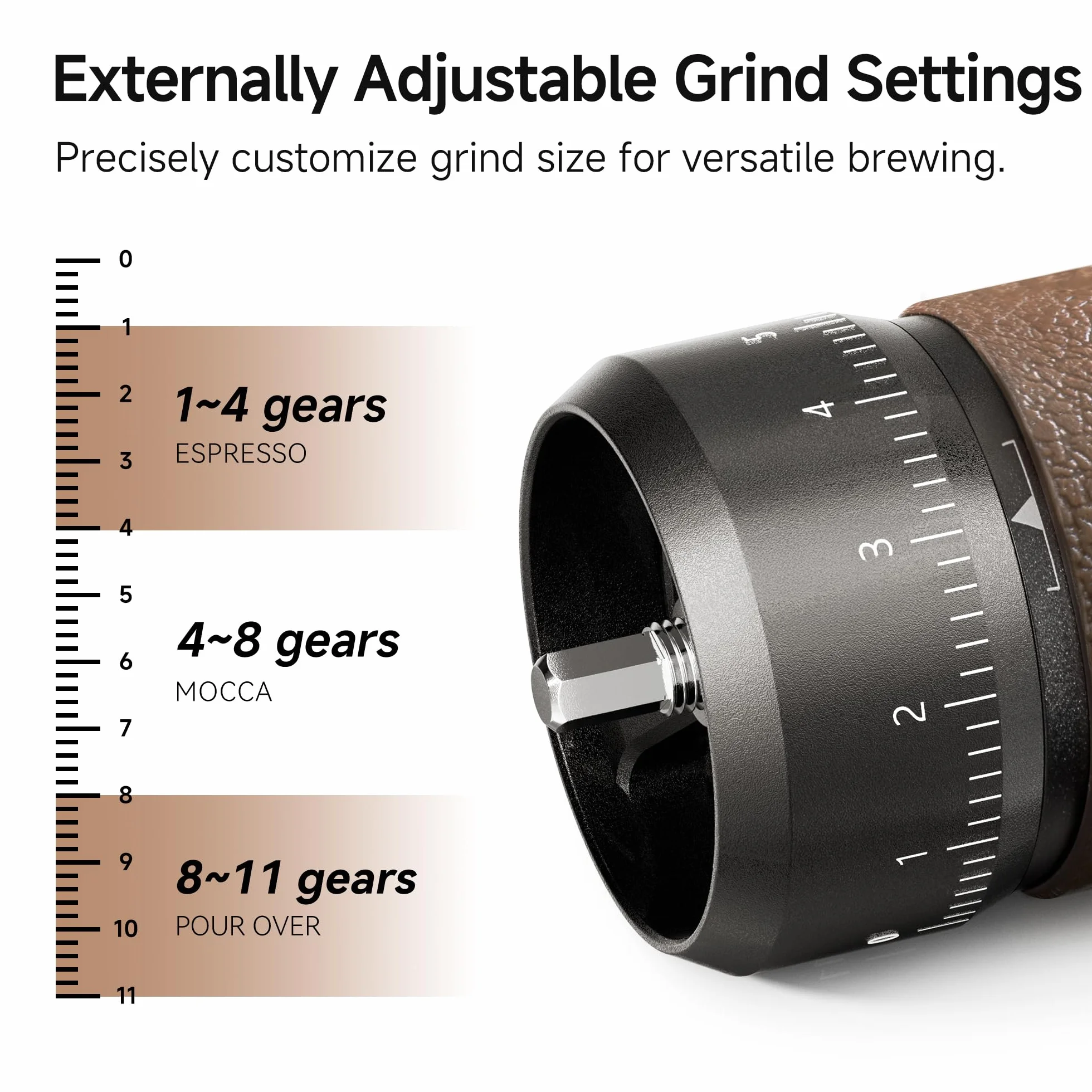 HiBREW G4B - Molinillo de café manual con esfera externa ajustable, molino cónico de aluminio, ajustes numéricos y funda de viaje, molienda gruesa a fina para espresso vertido sobre ollas Moka
