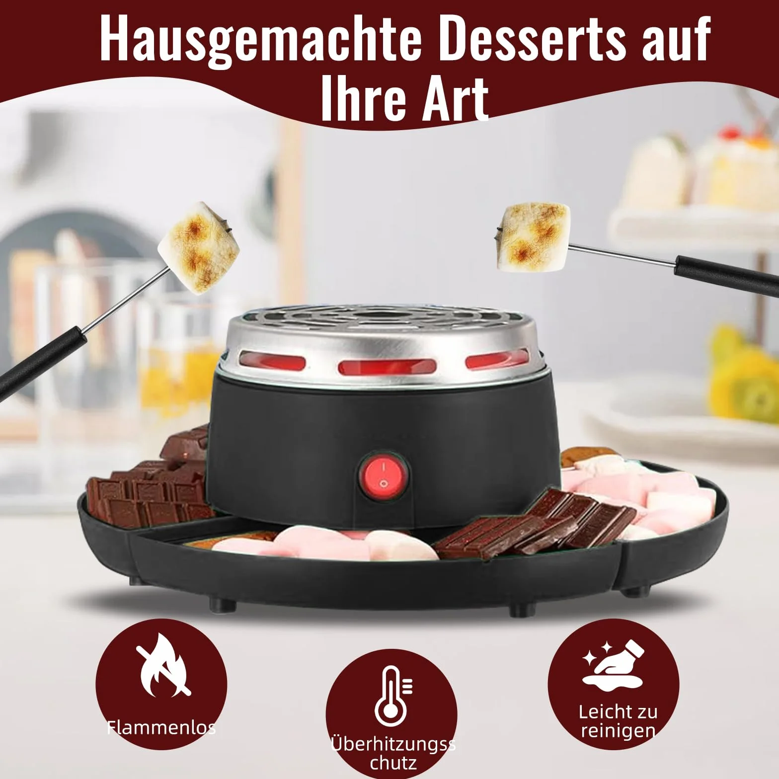 S'Mores Juego de fondue de chocolate 2 en 1 tostador eléctrico de malvavisco 280 W control de temperatura