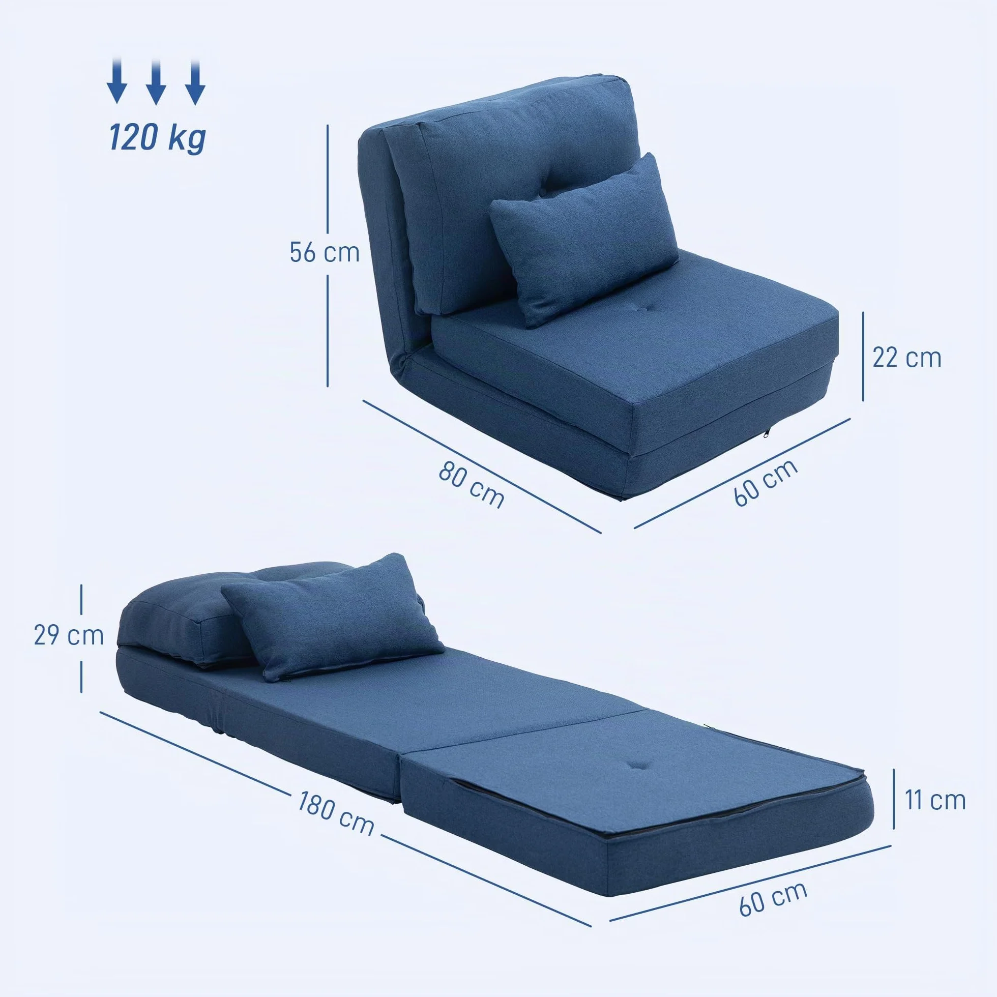 HOMCOM Sillón Convertible 1 Plaza Sillón Perezoso Cama Calentador 1 Plaza - Cojín Incluido, Respaldo Ajustable - Salón, Carga 120 kg, Tejido Lino Azul Oscuro