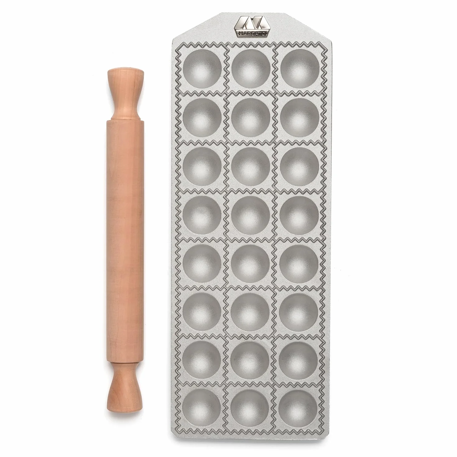 Marcato Molde para Raviolis, Máquina para Raviolis, Formas para Raviolis Caseros, Corte Redondo de 40 mm, Espacio para Relleno Abundante, Procesa 24 Raviolis al mismo tiempo.