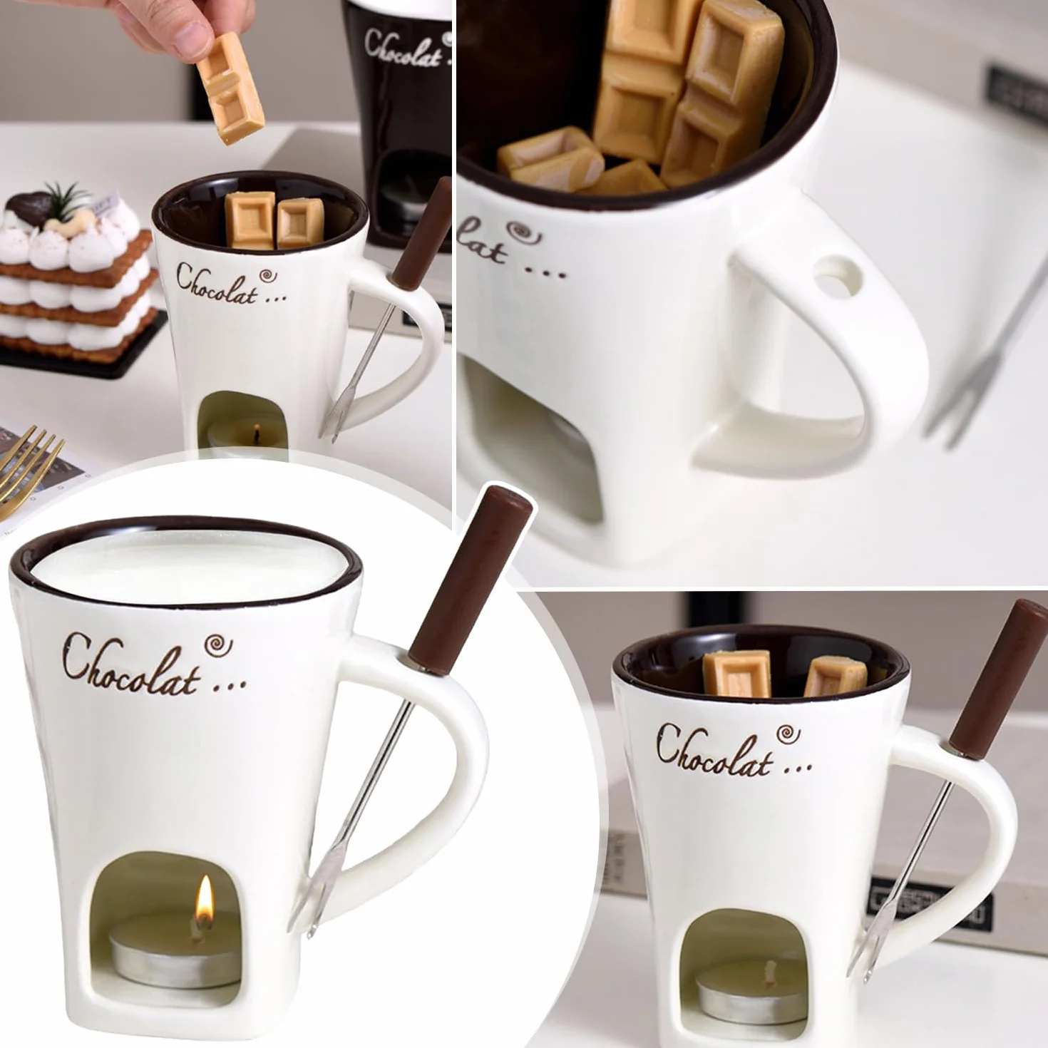 Taza de Fusión de Chocolate 130 ML Juego de Fondue de Chocolate de Cerámica con Tenedores y Vela de Té