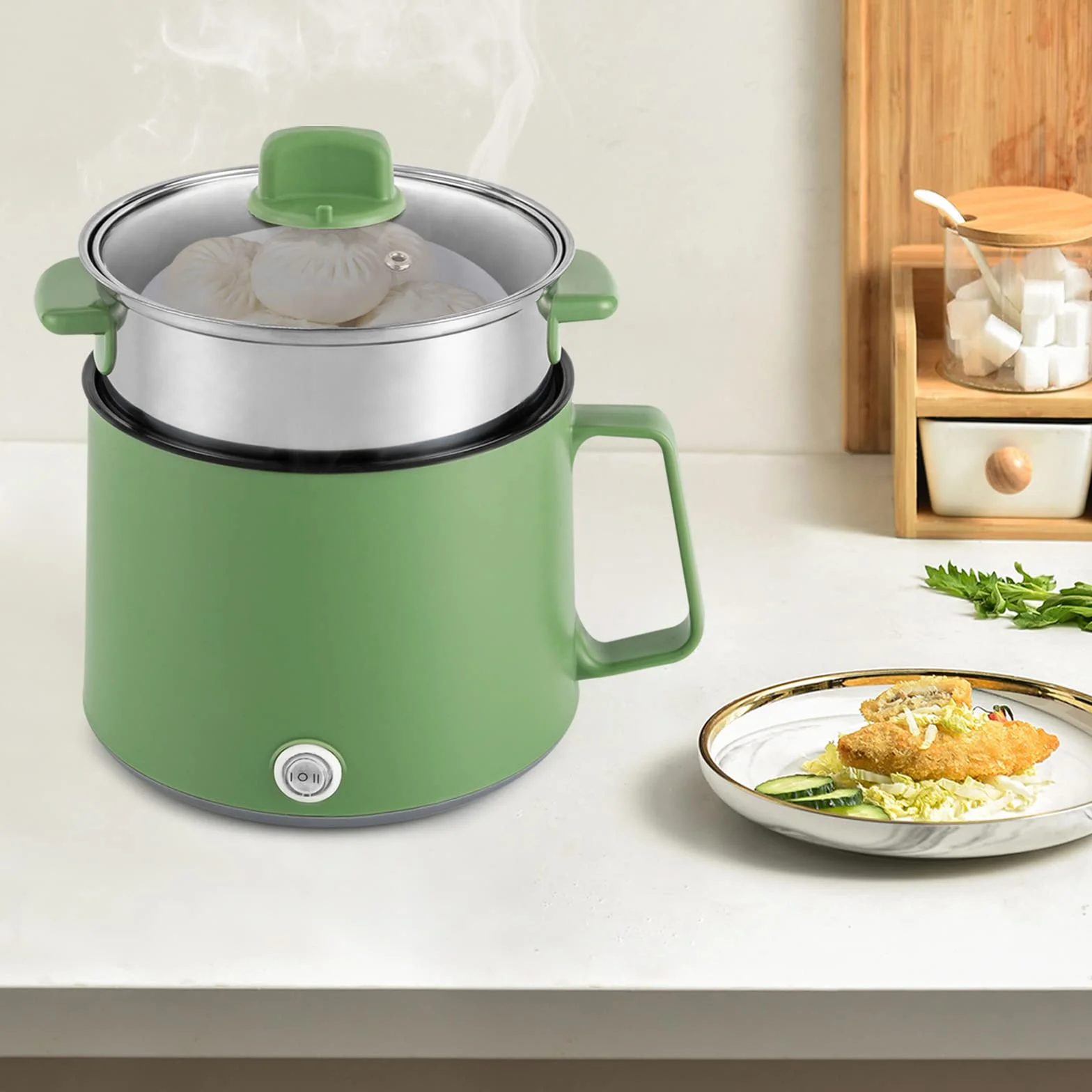 Olla eléctrica 600 W antiadherente con cesta al vapor portátil multiusos para hogar oficina dormitorio (verde)