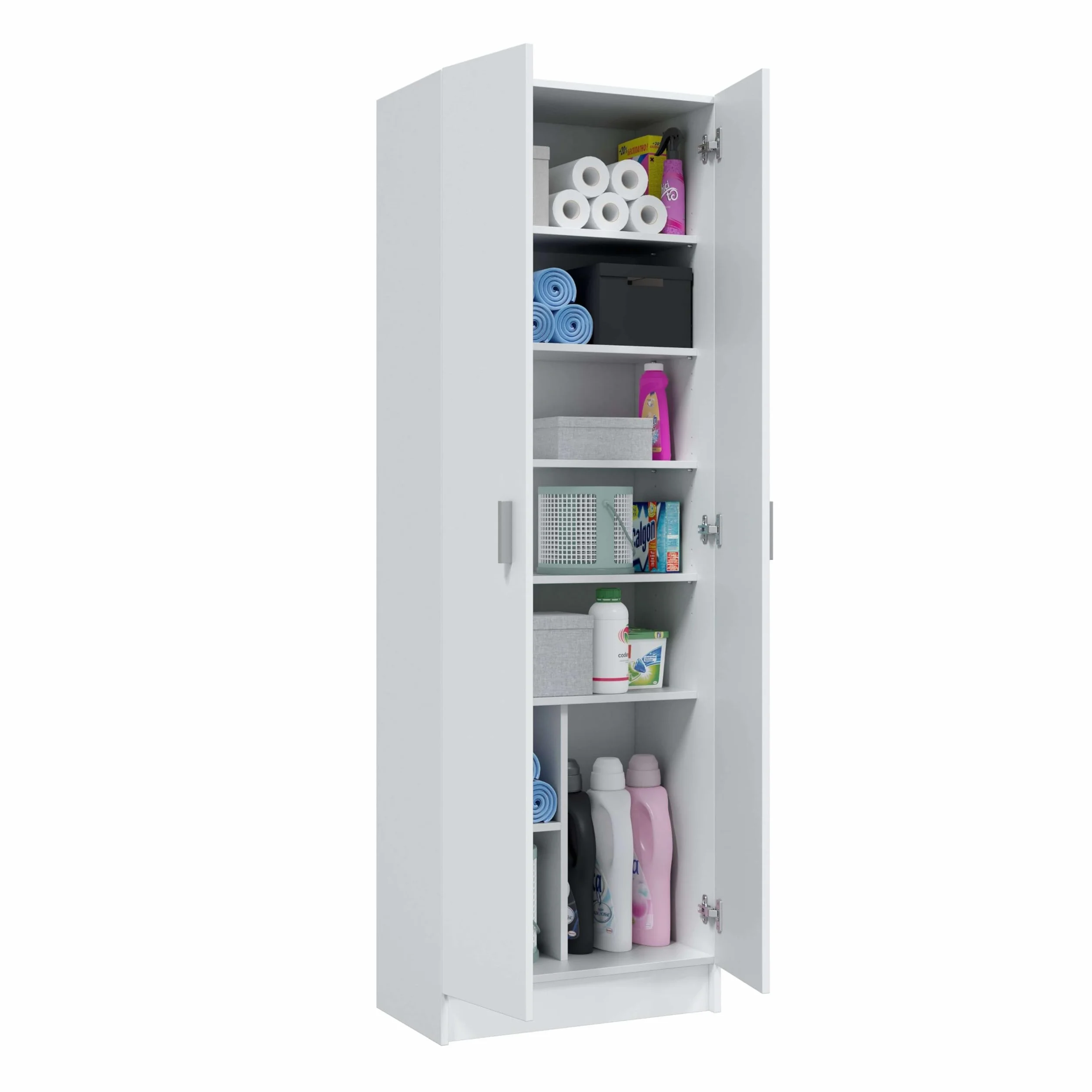Habitdesign Armario Multiusos Adhara de 2 Puertas, Armario Auxiliar de Limpieza o Zapatero, Incluye 6 Estantes, Color Blanco Mate, Medidas: 180x59x37 cm