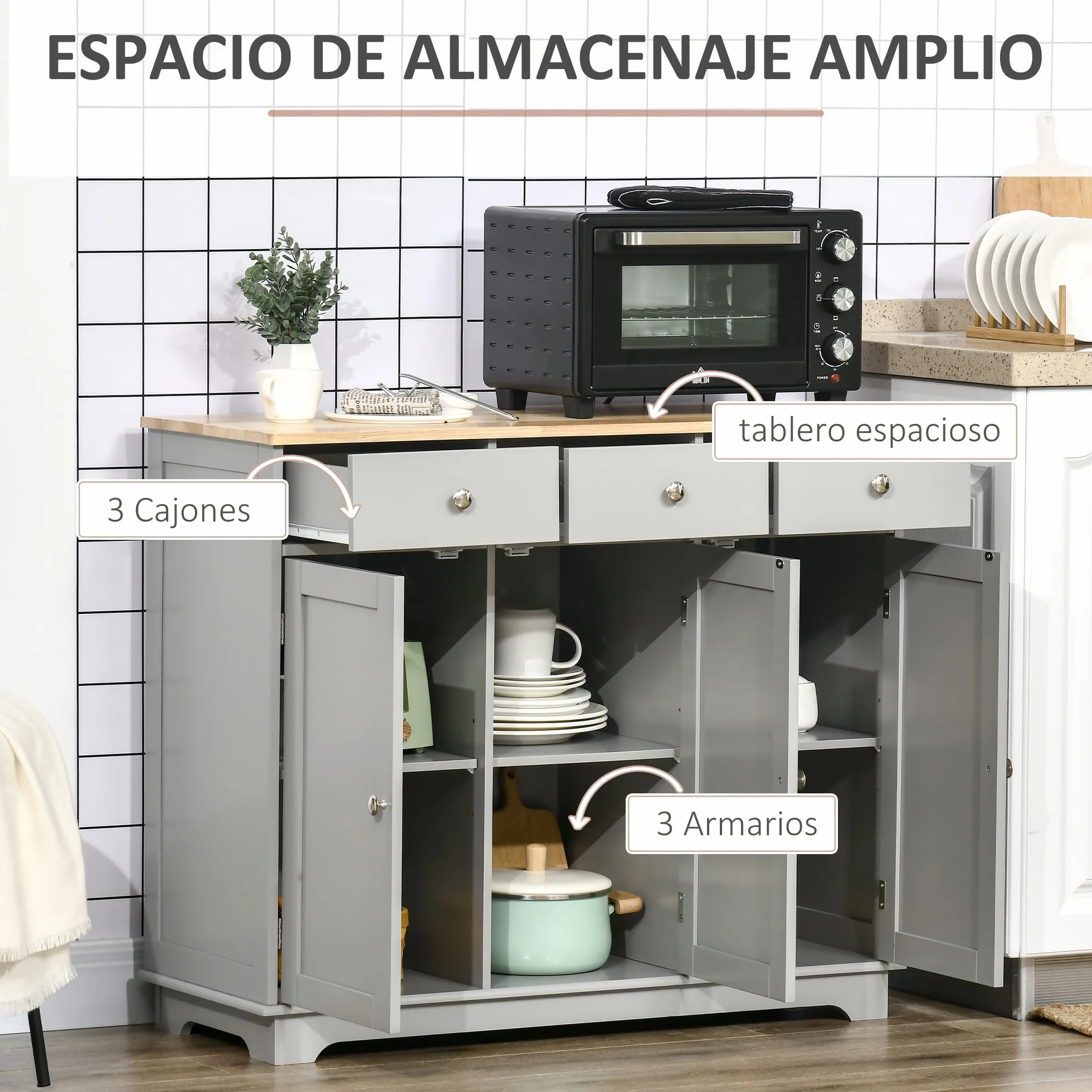 HOMCOM Aparador de Cocina 3 Cajones 3 Puertas Estantes Ajustables Mueble Auxiliar Almacenaje 101x40x85 cm Gris